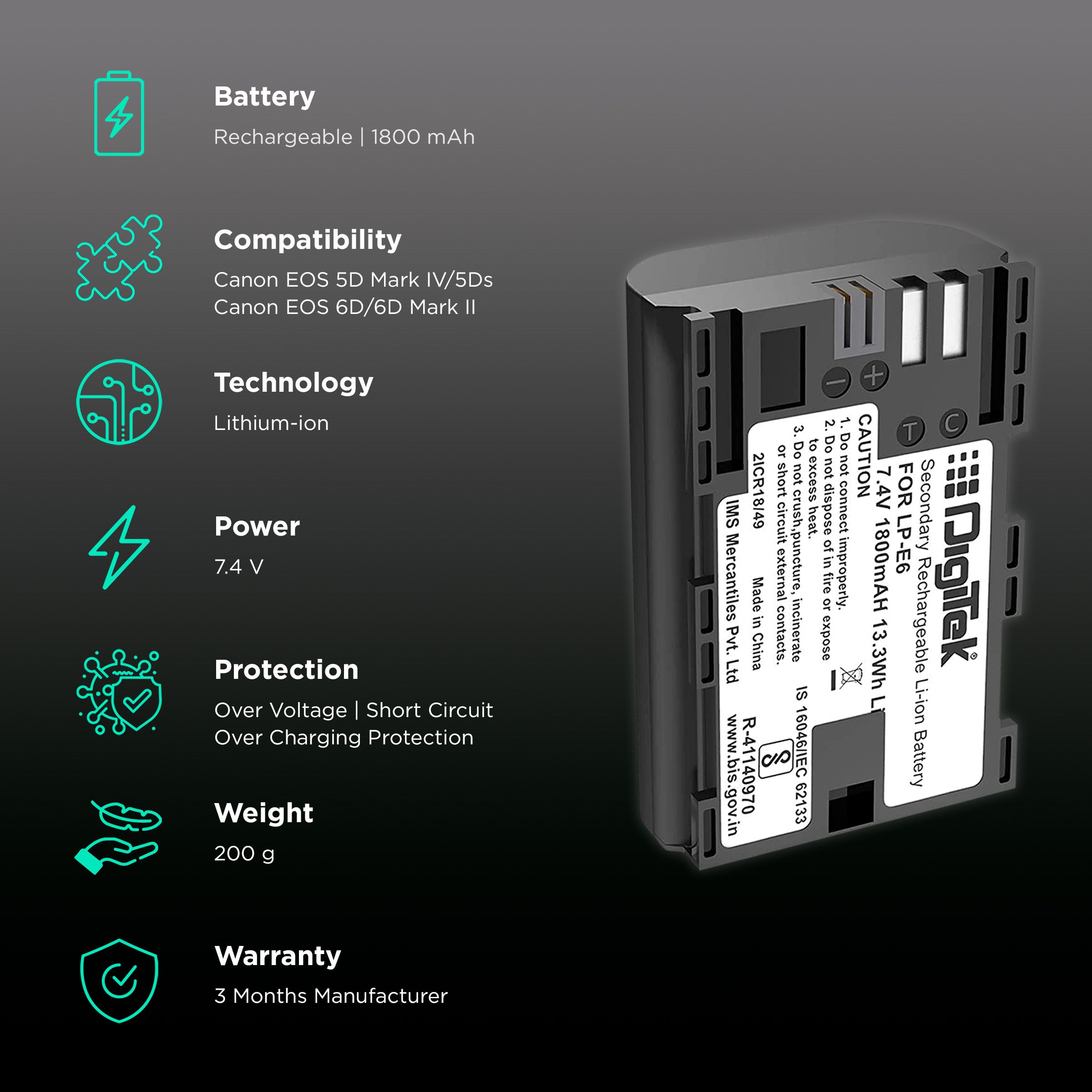 DigiTek LP-E6 New 1800 mAh Li-ion Rechargeable Battery for EOS 5D Mark IV, 5Ds, 5DS R, 6D and 6D Mark II DigiTek LP-E6 New 1800 mAh Li-ion Rechargeable Battery for EOS 5D Mark IV, 5Ds, 5DS R, 6D and 6D Mark II_2