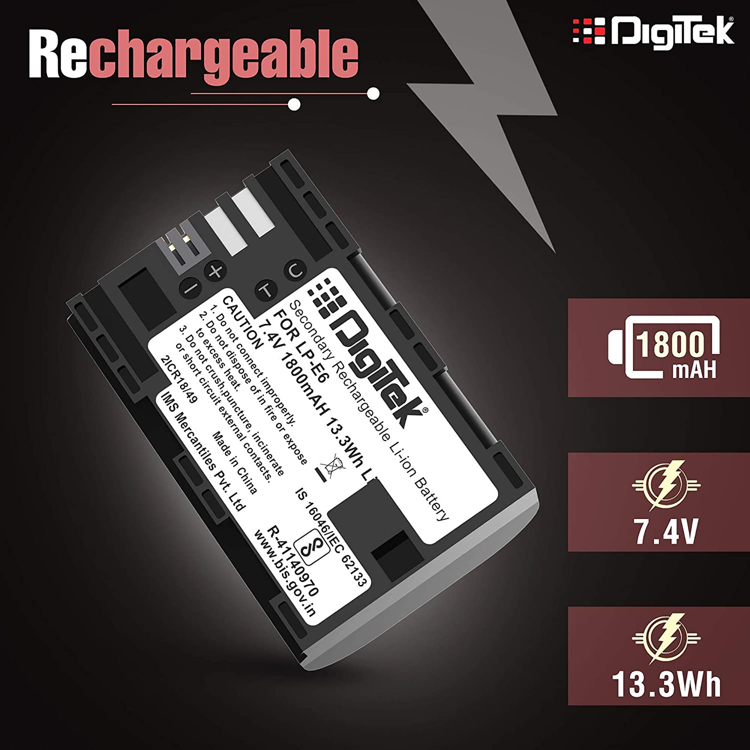 DigiTek LP-E6 New 1800 mAh Li-ion Rechargeable Battery for EOS 5D Mark IV, 5Ds, 5DS R, 6D and 6D Mark II DigiTek LP-E6 New 1800 mAh Li-ion Rechargeable Battery for EOS 5D Mark IV, 5Ds, 5DS R, 6D and 6D Mark II_4