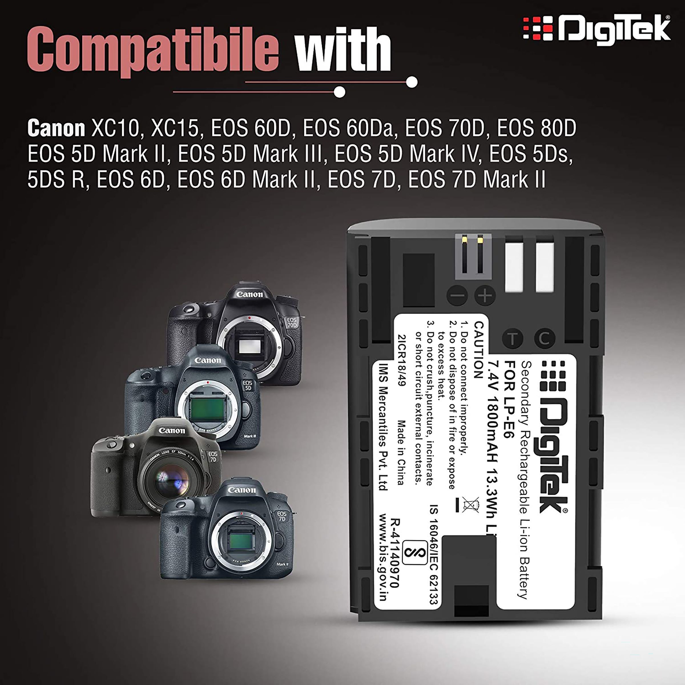 DigiTek LP-E6 New 1800 mAh Li-ion Rechargeable Battery for EOS 5D Mark IV, 5Ds, 5DS R, 6D and 6D Mark II DigiTek LP-E6 New 1800 mAh Li-ion Rechargeable Battery for EOS 5D Mark IV, 5Ds, 5DS R, 6D and 6D Mark II_6