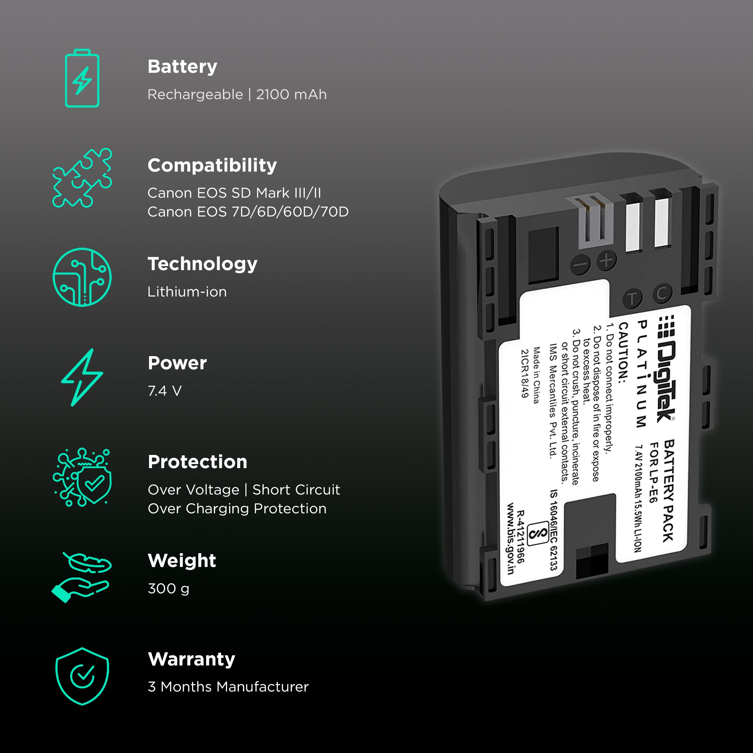 DigiTek LP-E6 Platinum 2100 mAh Li-ion Rechargeable Battery for EOS SD Mark III, SD Mark II, 7D, 6D and 60D DigiTek LP-E6 Platinum 2100 mAh Li-ion Rechargeable Battery for EOS SD Mark III, SD Mark II, 7D, 6D and 60D_2