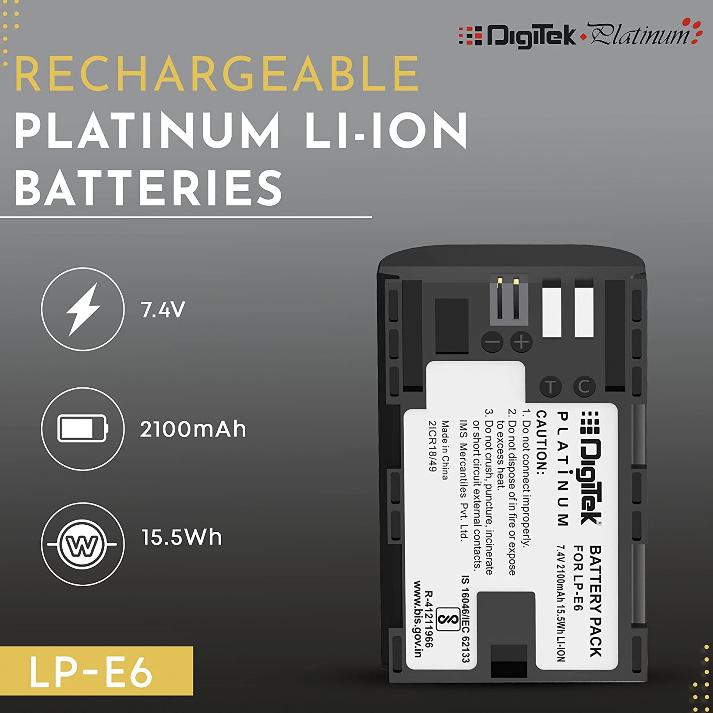 DigiTek LP-E6 Platinum 2100 mAh Li-ion Rechargeable Battery for EOS SD Mark III, SD Mark II, 7D, 6D and 60D DigiTek LP-E6 Platinum 2100 mAh Li-ion Rechargeable Battery for EOS SD Mark III, SD Mark II, 7D, 6D and 60D_5