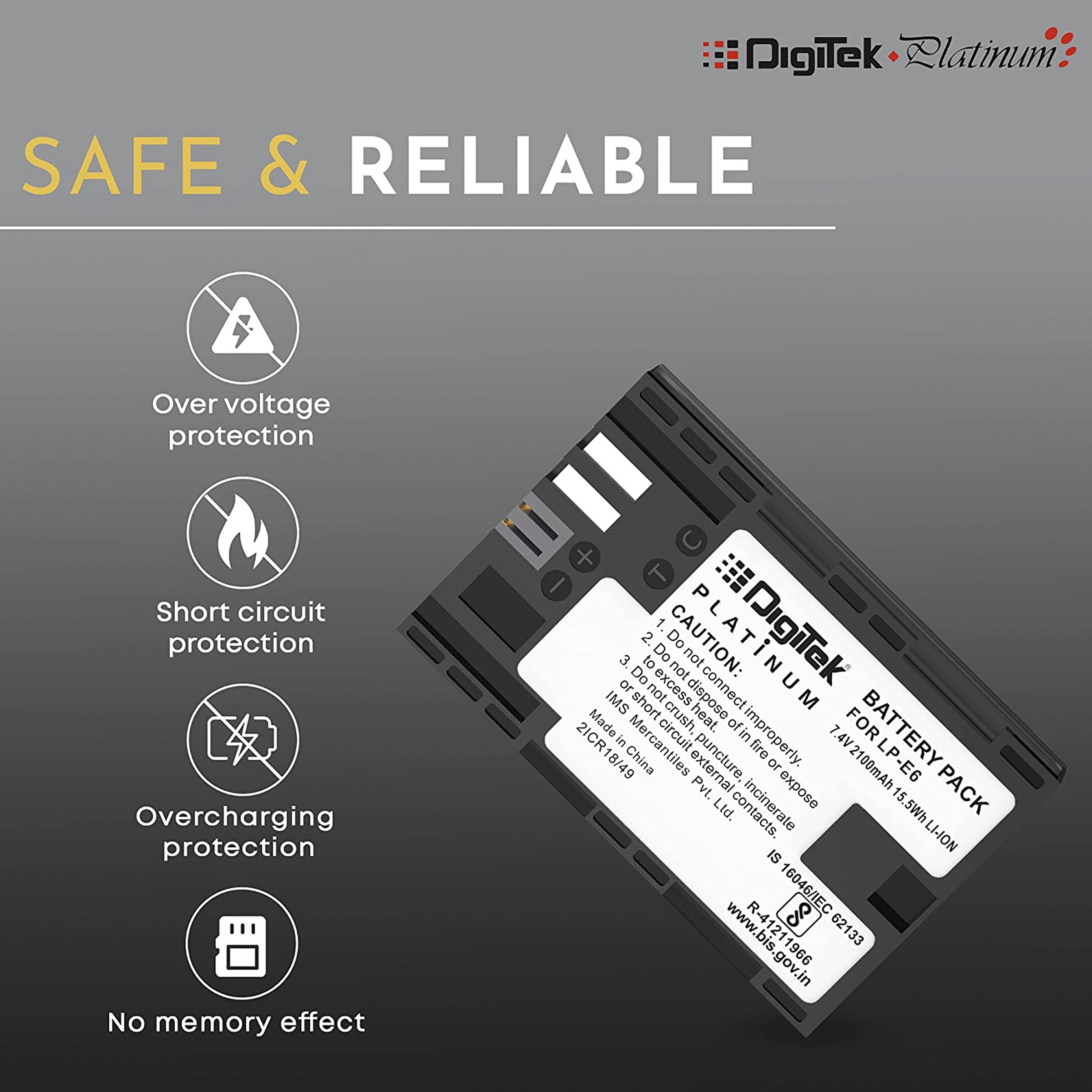 DigiTek LP-E6 Platinum 2100 mAh Li-ion Rechargeable Battery for EOS SD Mark III, SD Mark II, 7D, 6D and 60D DigiTek LP-E6 Platinum 2100 mAh Li-ion Rechargeable Battery for EOS SD Mark III, SD Mark II, 7D, 6D and 60D_8