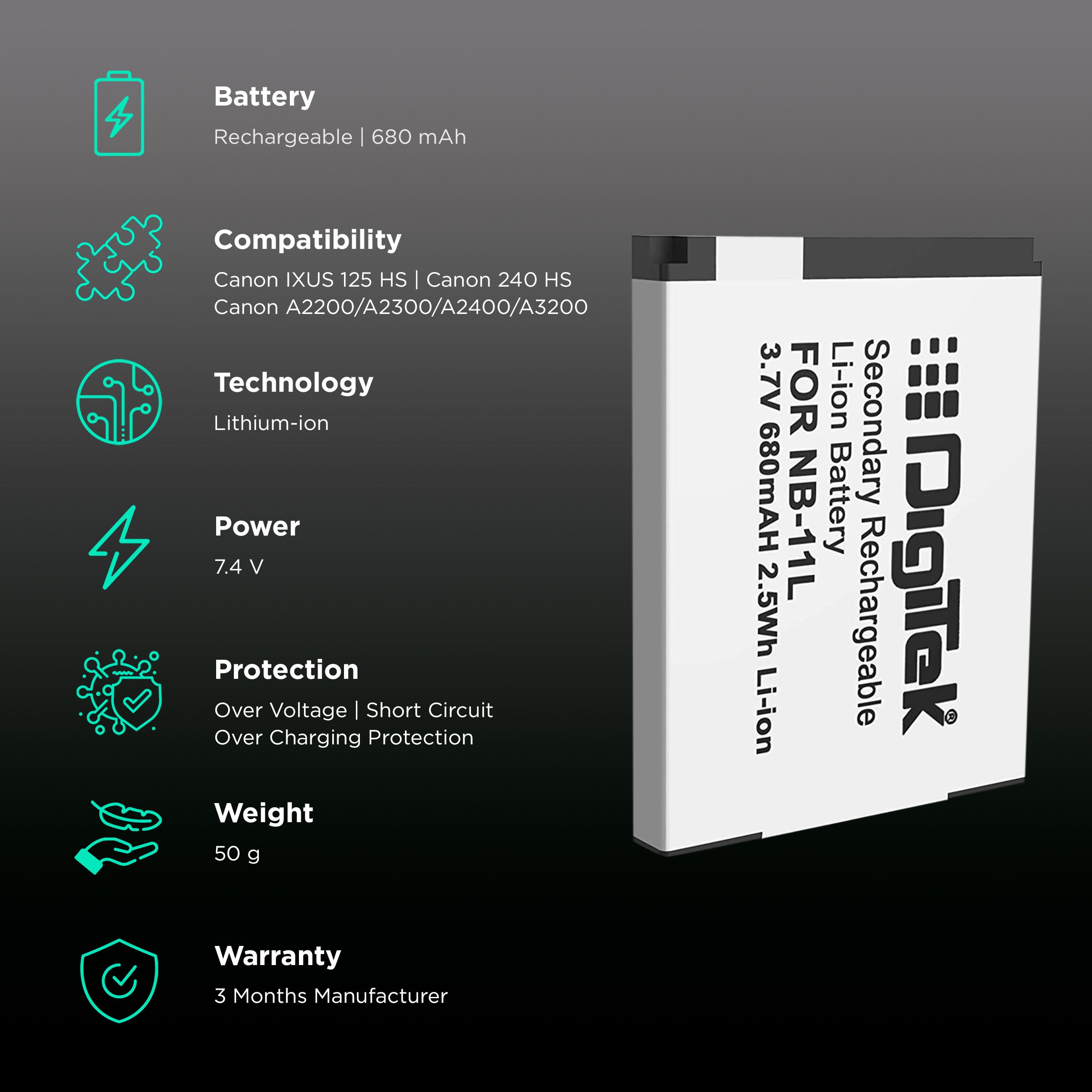 DigiTek NB-11L 680 mAh Li-ion Rechargeable Battery for IXUS 125 HS, 240 HS, PowerShot A1200, A2200 and A2300 DigiTek NB-11L 680 mAh Li-ion Rechargeable Battery for IXUS 125 HS, 240 HS, PowerShot A1200, A2200 and A2300_2