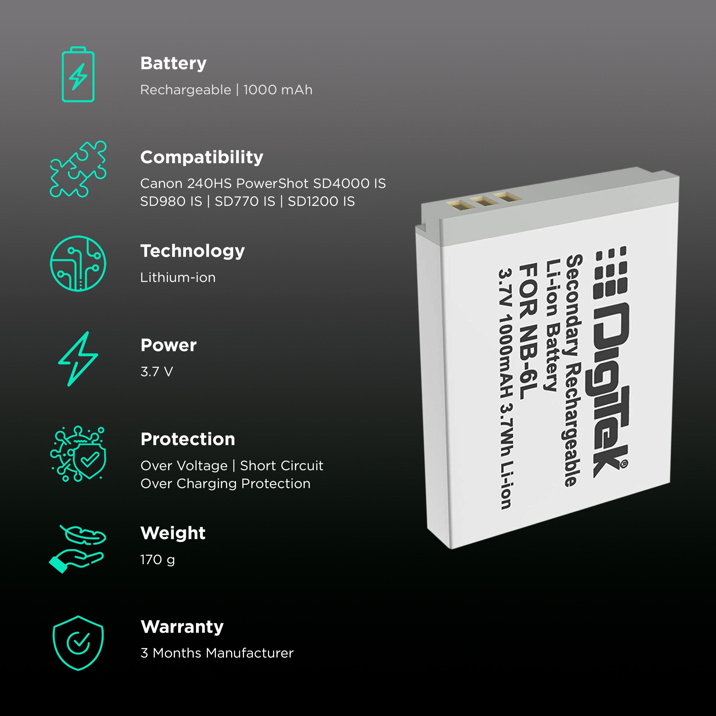 DigiTek NB-6L 1000 mAh Li-ion Rechargeable Battery for PowerShot SD4000 DigiTek NB-6L 1000 mAh Li-ion Rechargeable Battery for PowerShot SD4000_2