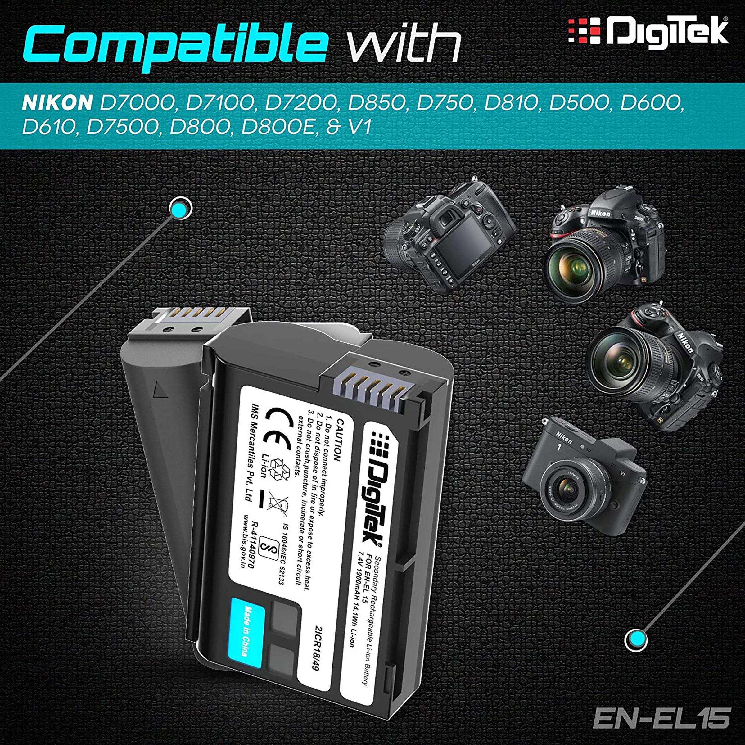 DigiTek EN-EL15 1900 mAh Li-ion Rechargeable Battery for D7000, D7100, D7200, D850, D750, D810, D500, D600 and D610 DigiTek EN-EL15 1900 mAh Li-ion Rechargeable Battery for D7000, D7100, D7200, D850, D750, D810, D500, D600 and D610_3