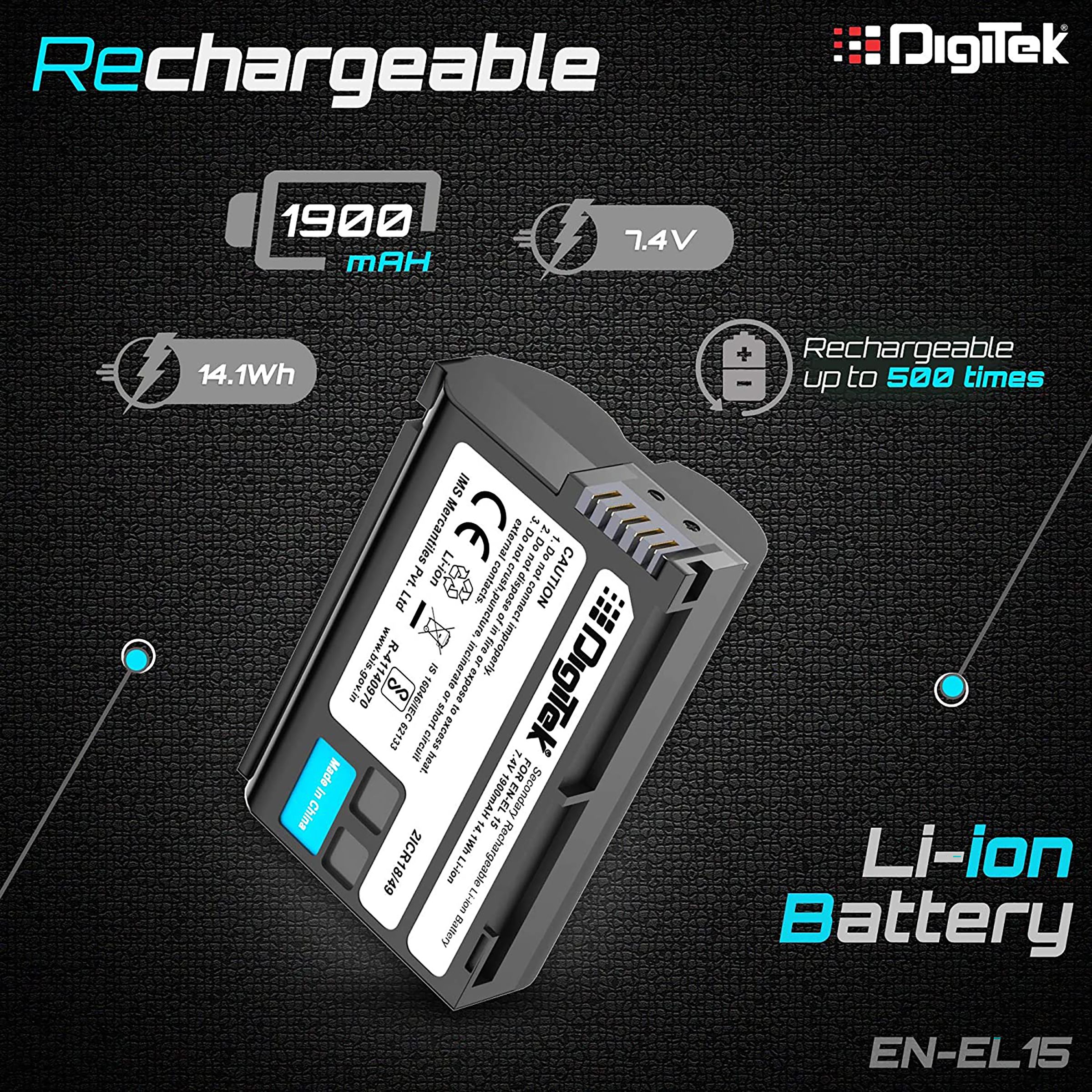 DigiTek EN-EL15 1900 mAh Li-ion Rechargeable Battery for D7000, D7100, D7200, D850, D750, D810, D500, D600 and D610 DigiTek EN-EL15 1900 mAh Li-ion Rechargeable Battery for D7000, D7100, D7200, D850, D750, D810, D500, D600 and D610_5