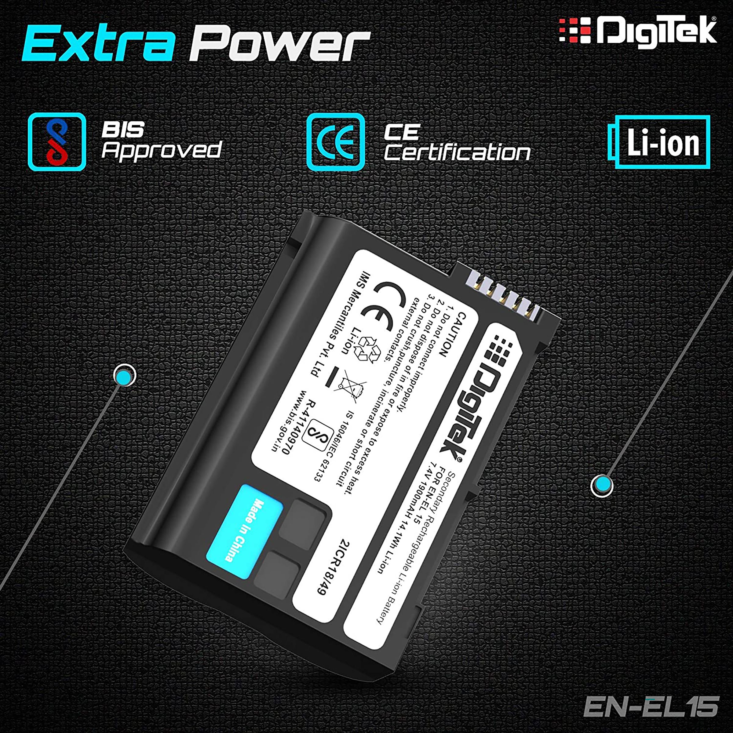 DigiTek EN-EL15 1900 mAh Li-ion Rechargeable Battery for D7000, D7100, D7200, D850, D750, D810, D500, D600 and D610 DigiTek EN-EL15 1900 mAh Li-ion Rechargeable Battery for D7000, D7100, D7200, D850, D750, D810, D500, D600 and D610_6