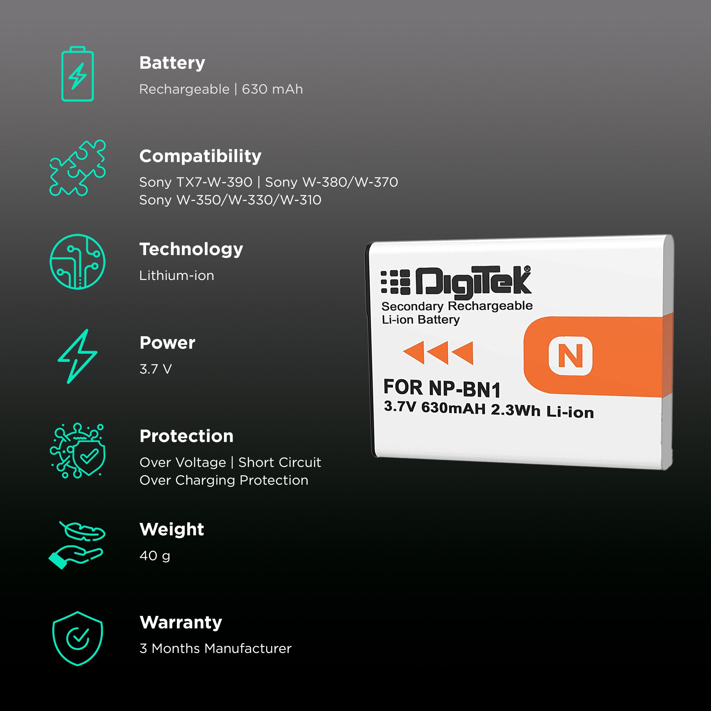 DigiTek NP-BN1 630 mAh Li-ion Rechargeable Battery for TX7-W-390, W-380, W-370, W-350, W-330 and W-310 DigiTek NP-BN1 630 mAh Li-ion Rechargeable Battery for TX7-W-390, W-380, W-370, W-350, W-330 and W-310_2
