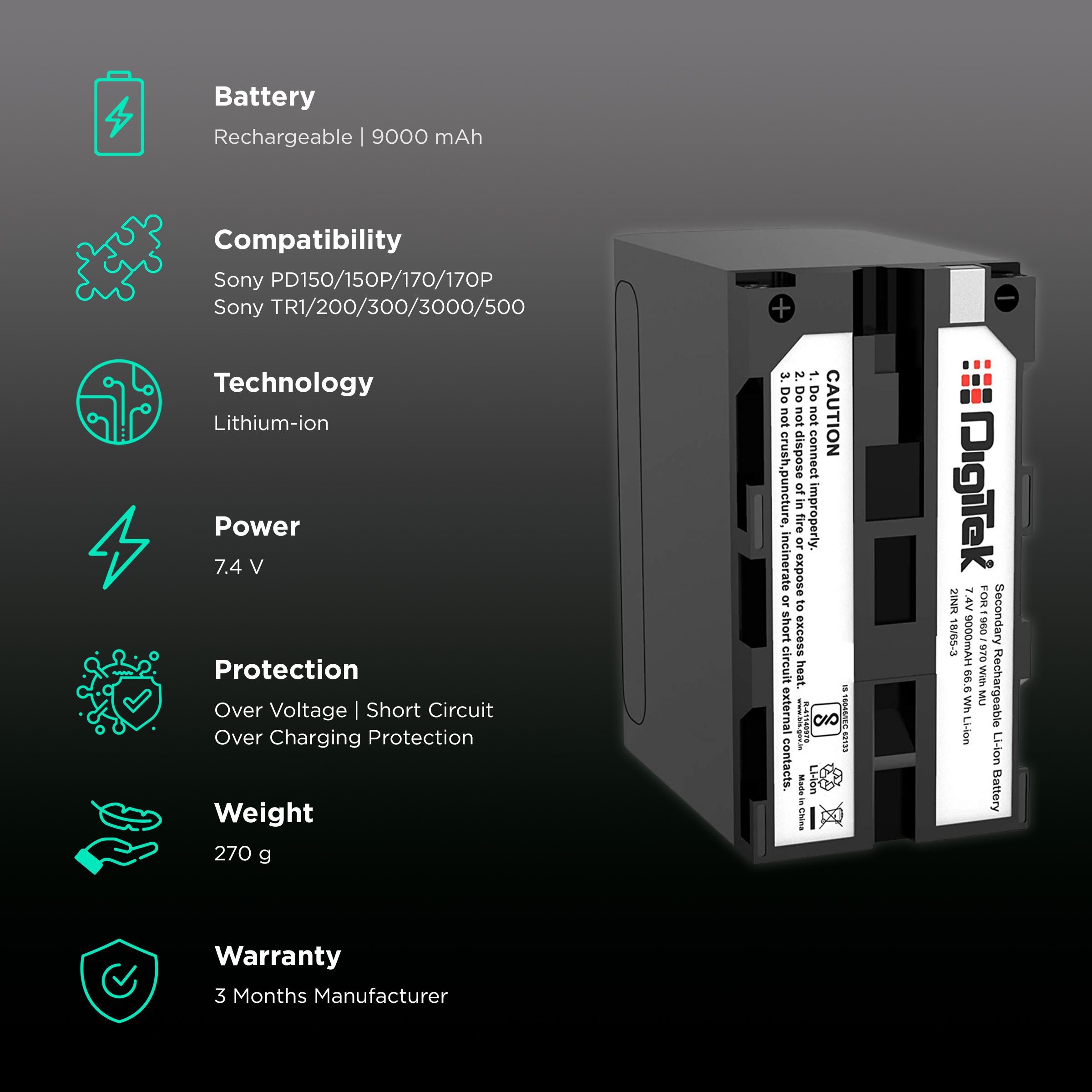 DigiTek NP-F960/970 MU 9000 mAh Li-ion Rechargeable Battery for PD150, 150P, 170, 170P, TR1, V15 and V25_2