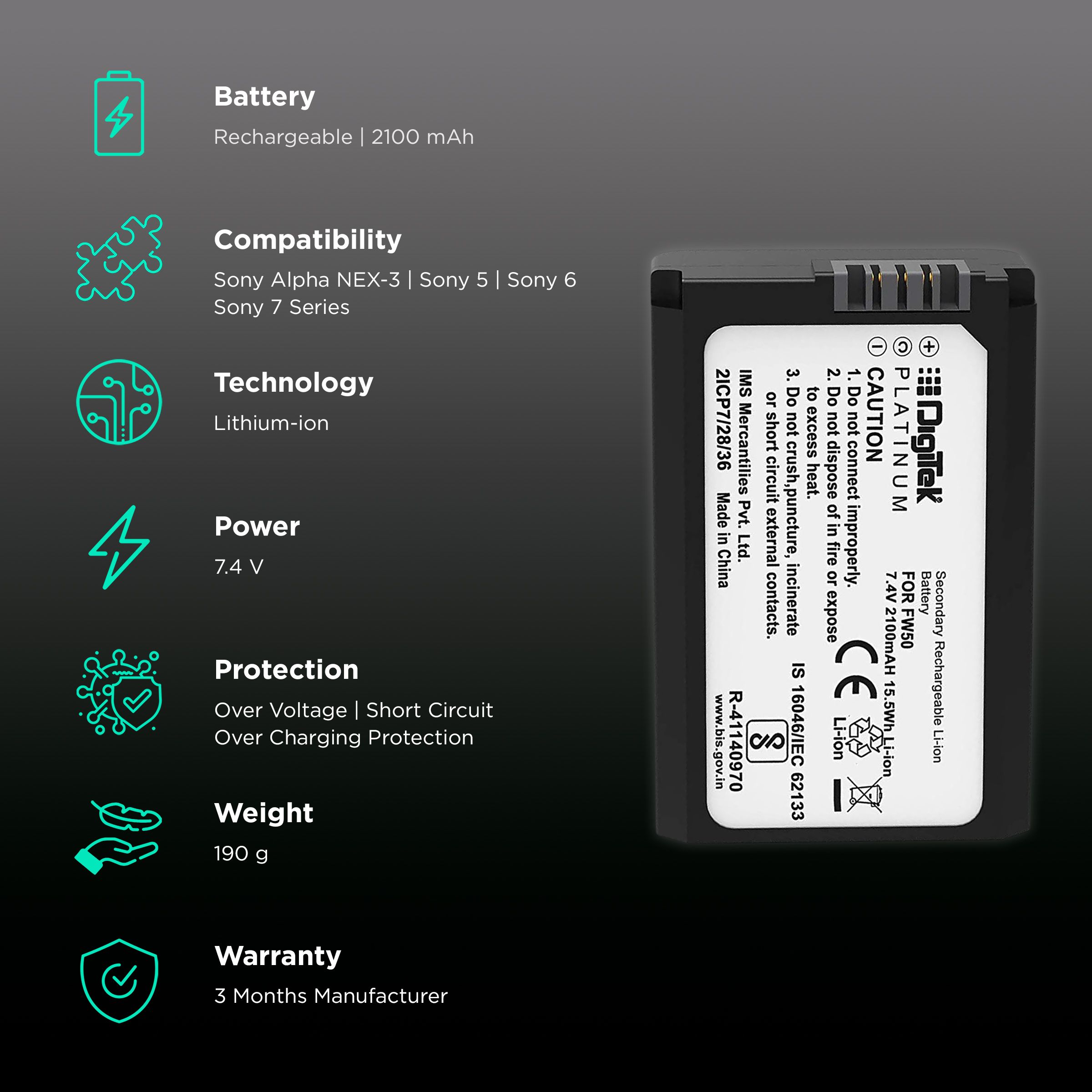 DigiTek FW50 Platinum 2100 mAh Li-ion Rechargeable Battery for Alpha NEX-3, 5, 6, 7 Series DigiTek FW50 Platinum 2100 mAh Li-ion Rechargeable Battery for Alpha NEX-3, 5, 6, 7 Series_2