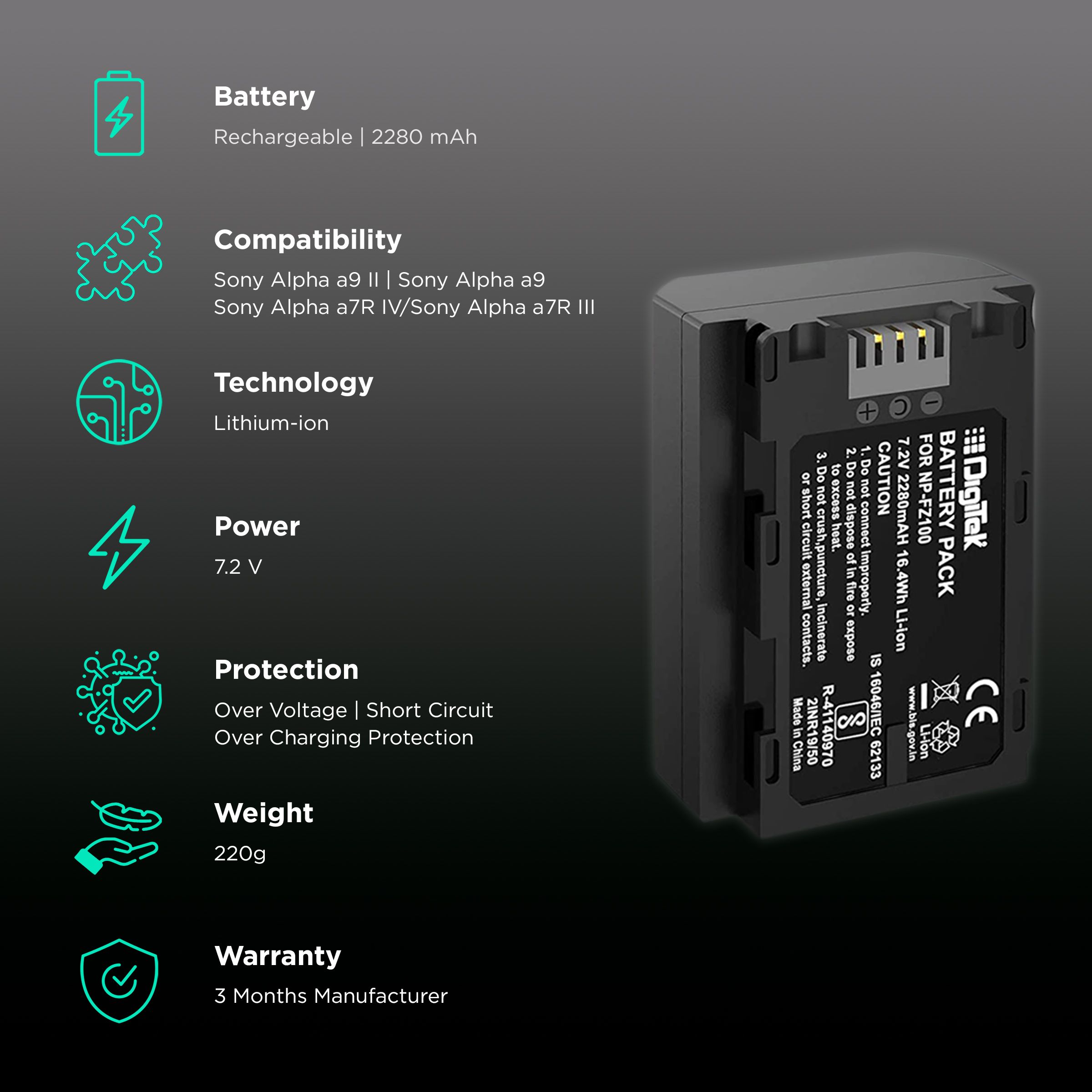 DigiTek FZ100 Platinum 2280 mAh Li-ion Rechargeable Battery for Alpha a9 II, a9, a7R IV and a7R III DigiTek FZ100 Platinum 2280 mAh Li-ion Rechargeable Battery for Alpha a9 II, a9, a7R IV and a7R III_2