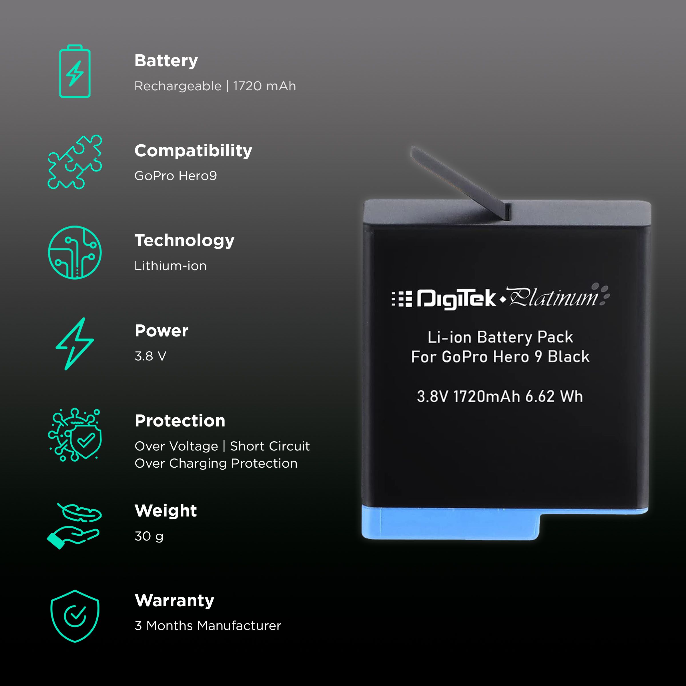DigiTek DBG-9 1720 mAh Li-ion Rechargeable Battery for Hero9 DigiTek DBG-9 1720 mAh Li-ion Rechargeable Battery for Hero9_2