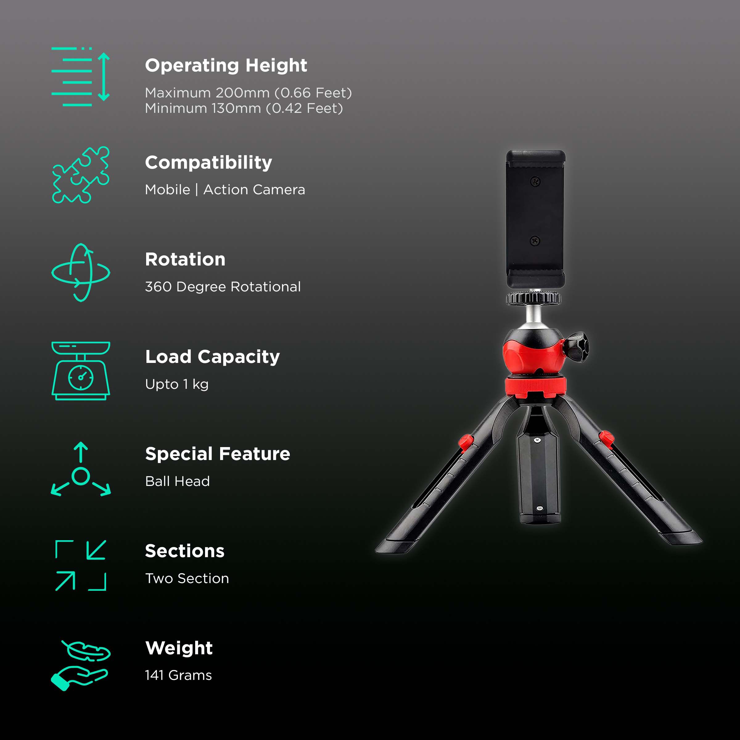 DigiTek DTR 200 MT 20cm Adjustable Mini Tripod for Mobile and Camera (Anti Skid Rubber Feet, Black) DigiTek DTR 200 MT 20cm Adjustable Mini Tripod for Mobile and Camera (Anti Skid Rubber Feet, Black)_2
