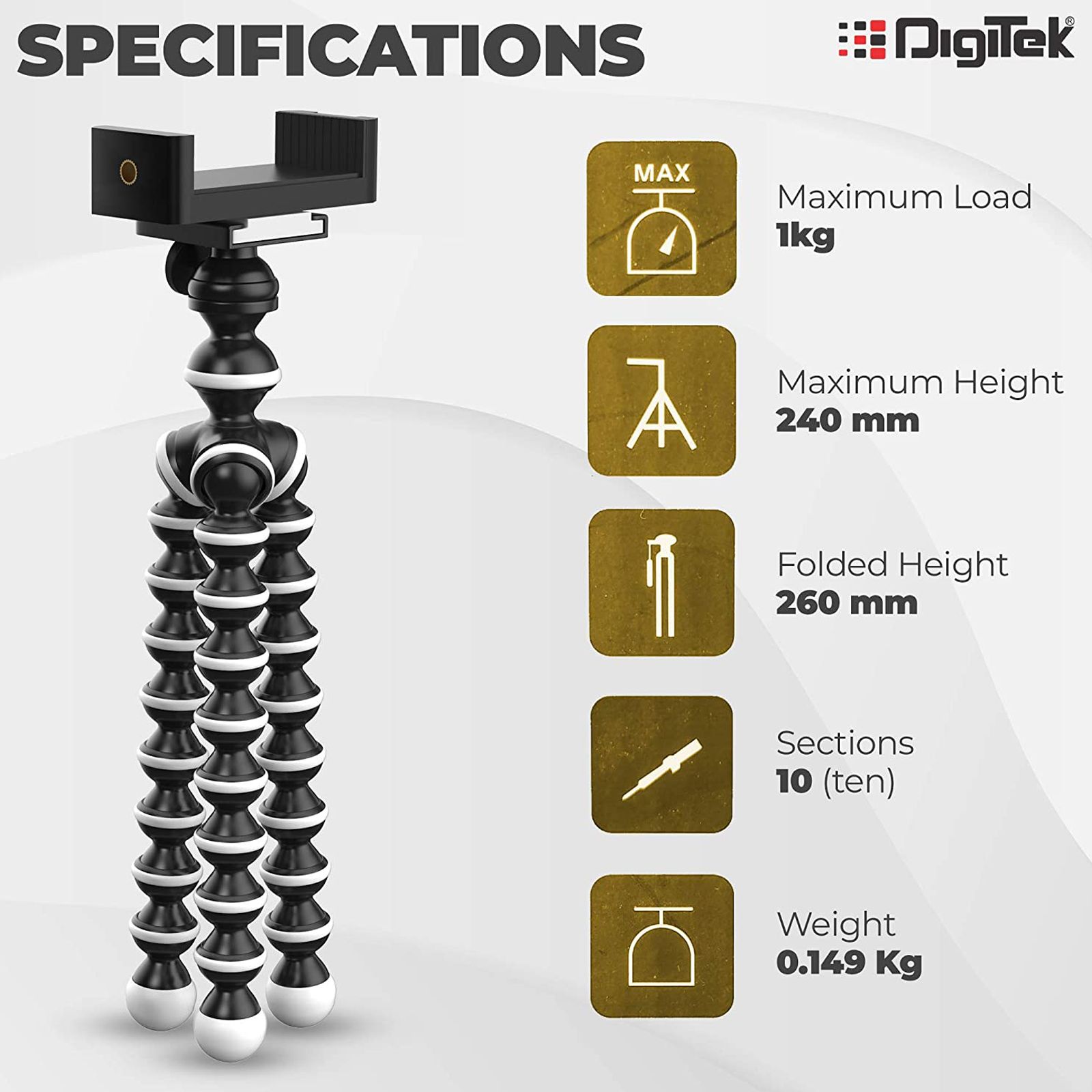 DigiTek DTR 260 GT 24cm Adjustable GorillaPod for Mobile and Camera with Remote (Rotating Sphere, Black)_8