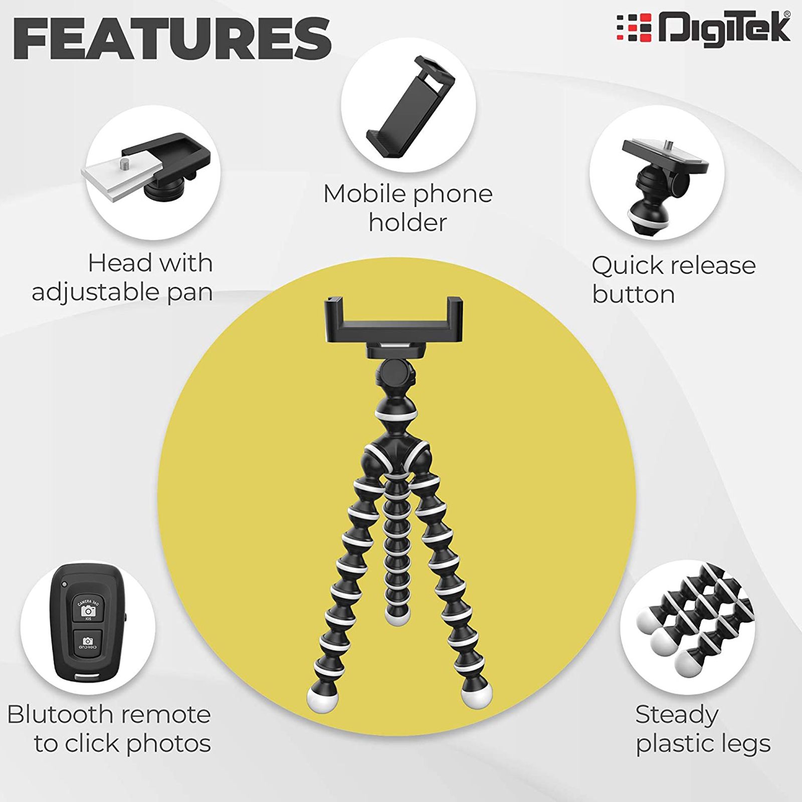 DigiTek DTR 260 GT 24cm Adjustable GorillaPod for Mobile and Camera with Remote (Rotating Sphere, Black)_10