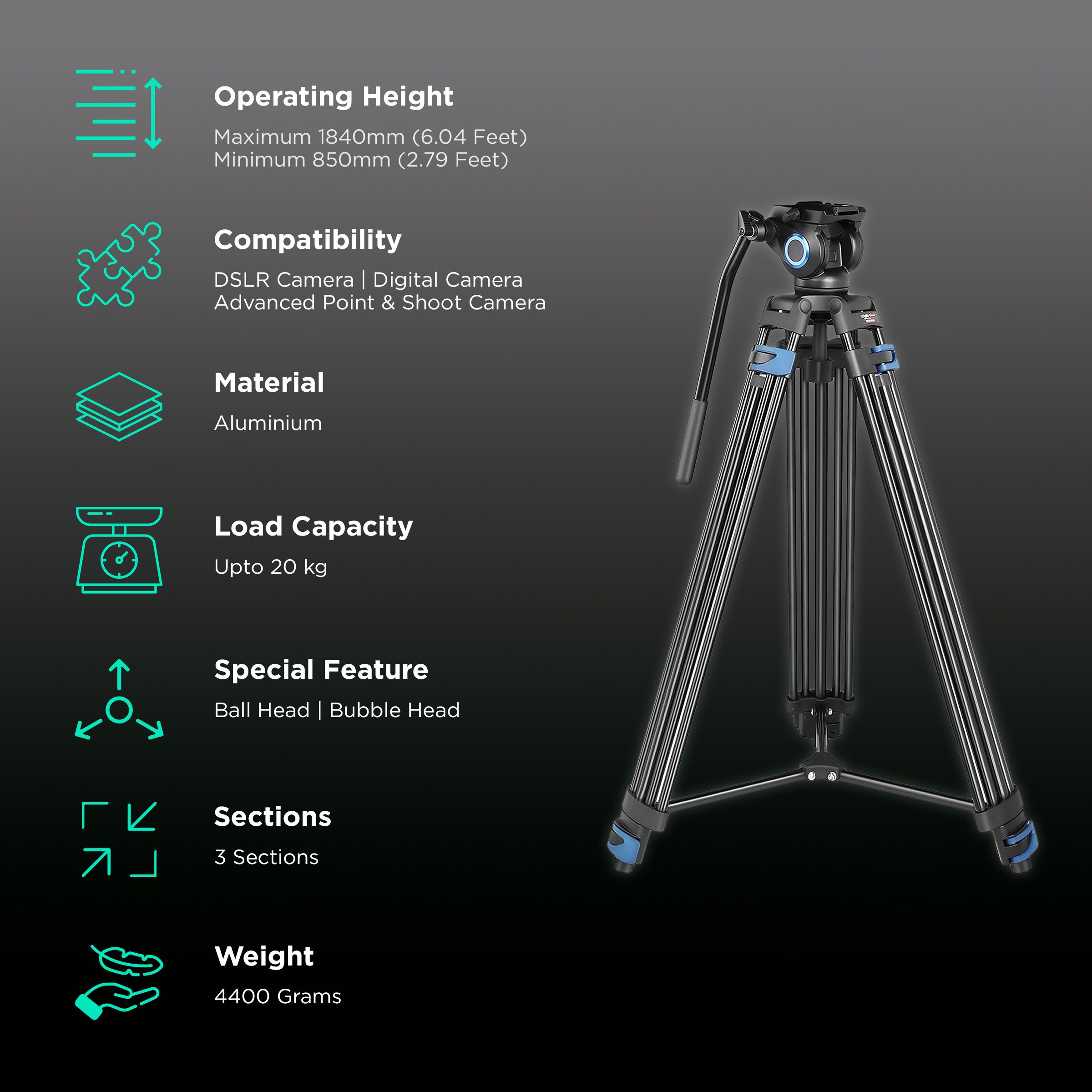 DigiTek Platinum DPTR 605 VD 183cm Adjustable Tripod for Camera (2 Way Head with Adjustable Pan, Black) DigiTek Platinum DPTR 605 VD 183cm Adjustable Tripod for Camera (2 Way Head with Adjustable Pan, Black)_2
