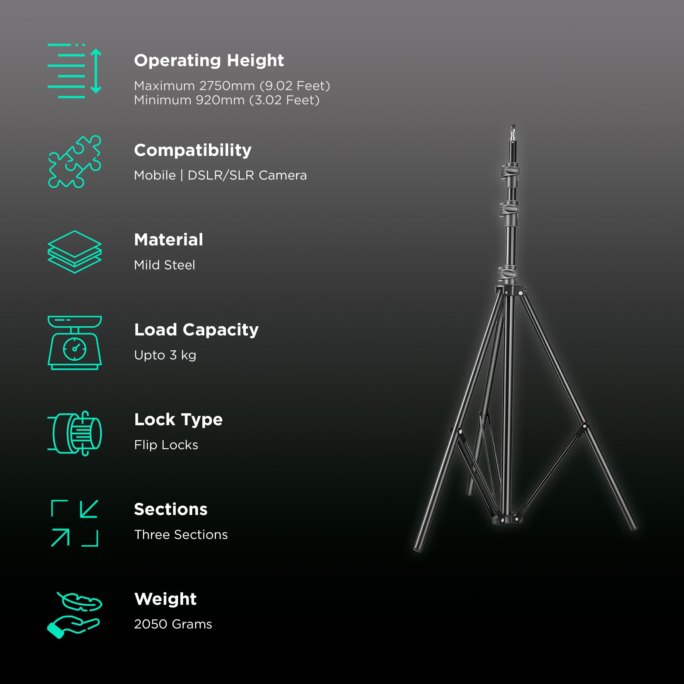 DigiTek DLS 009 FT 275cm Adjustable Tripod for Mobile and Camera (Shock Absorption Spring Mechanism, Black)_2