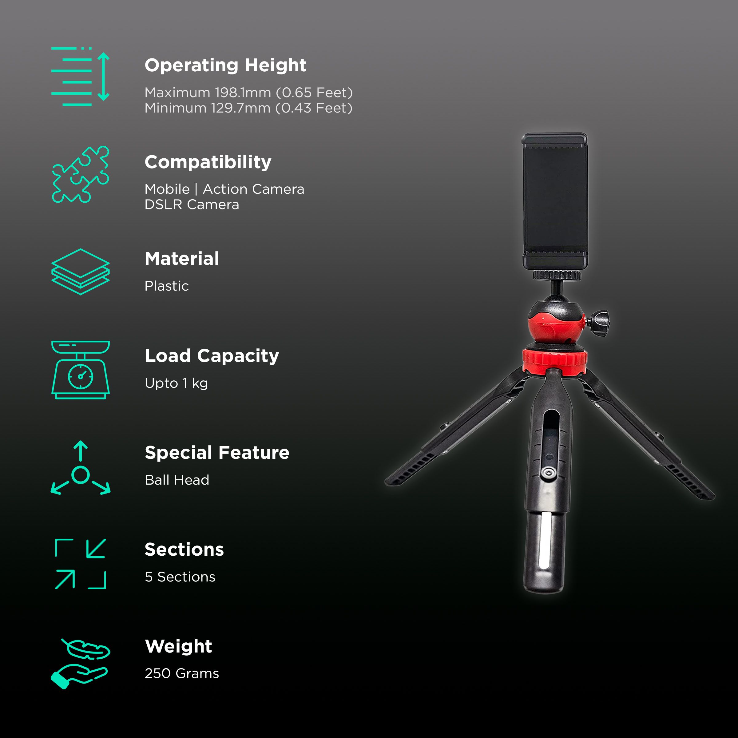 HIFFIN HF-350 19.81cm Adjustable Mini Tripod for Mobile and Camera (Anti Skid Feet, Black)_2
