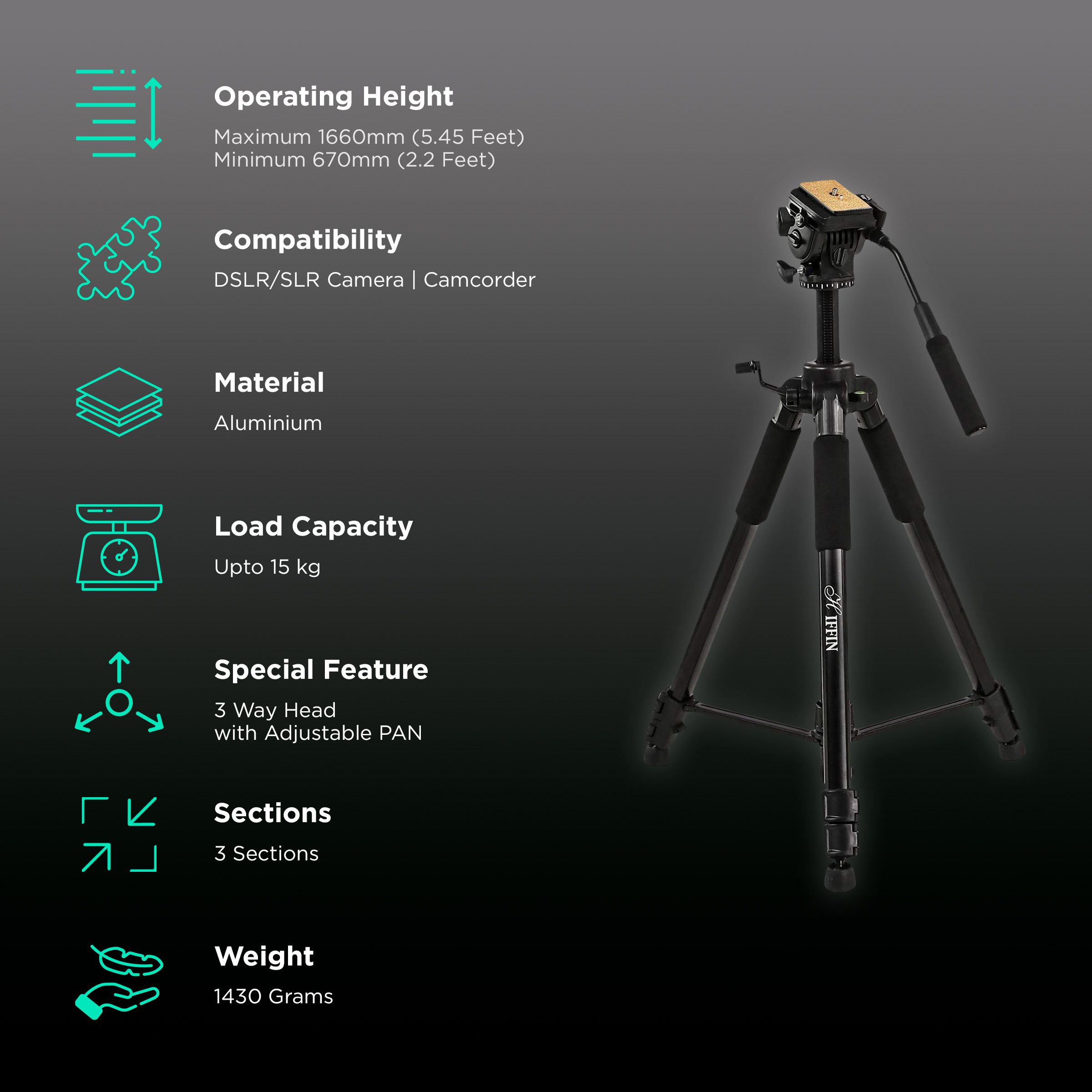HIFFIN HF-880 166.11cm Adjustable Tripod for Camera (360 Degree Swivel, Black)_2