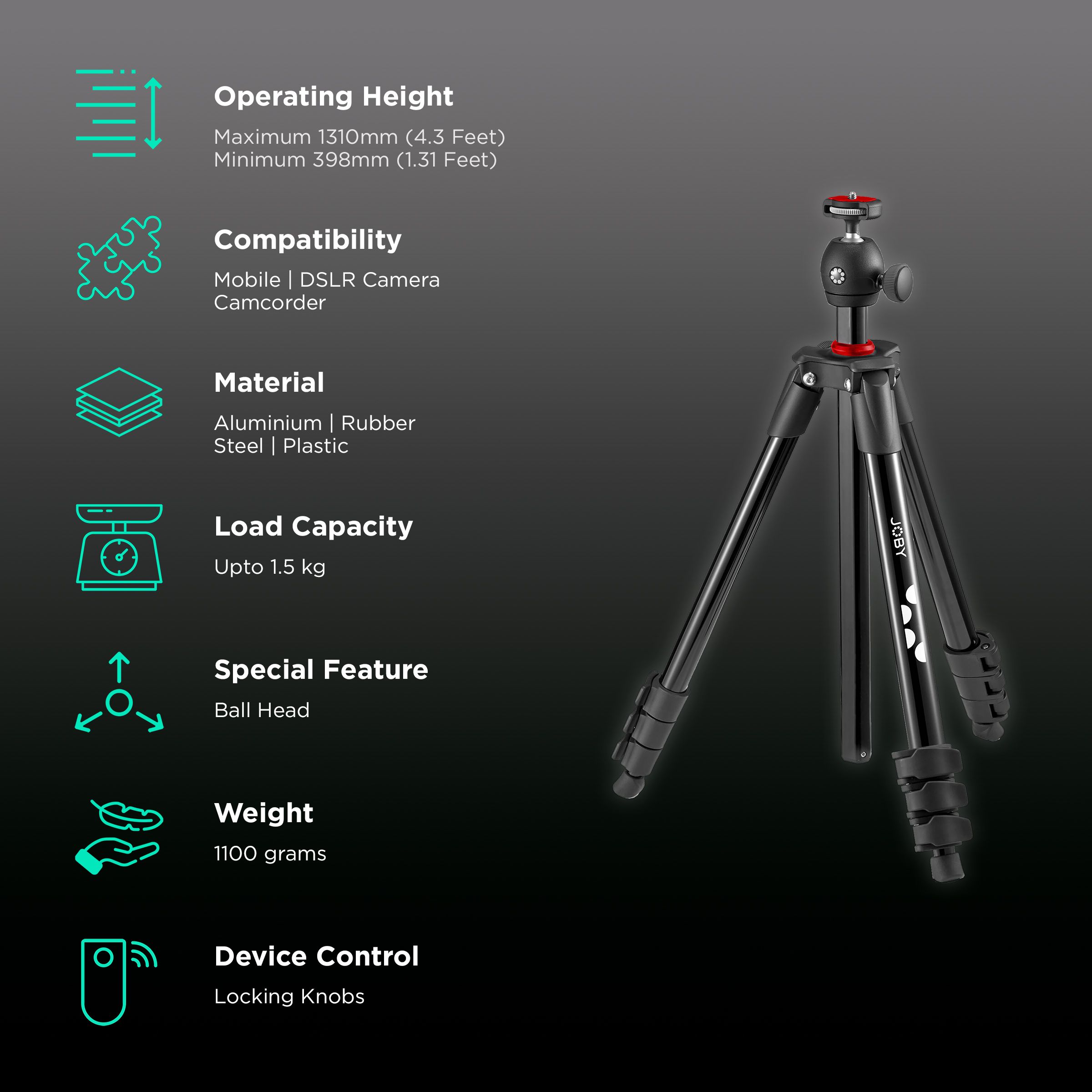 JOBY JB01760-BWW 131cm Adjustable Tripod for Mobile and Camera (Knob Locking Mechanism, Black) JOBY JB01760-BWW 131cm Adjustable Tripod for Mobile and Camera (Knob Locking Mechanism, Black)_2