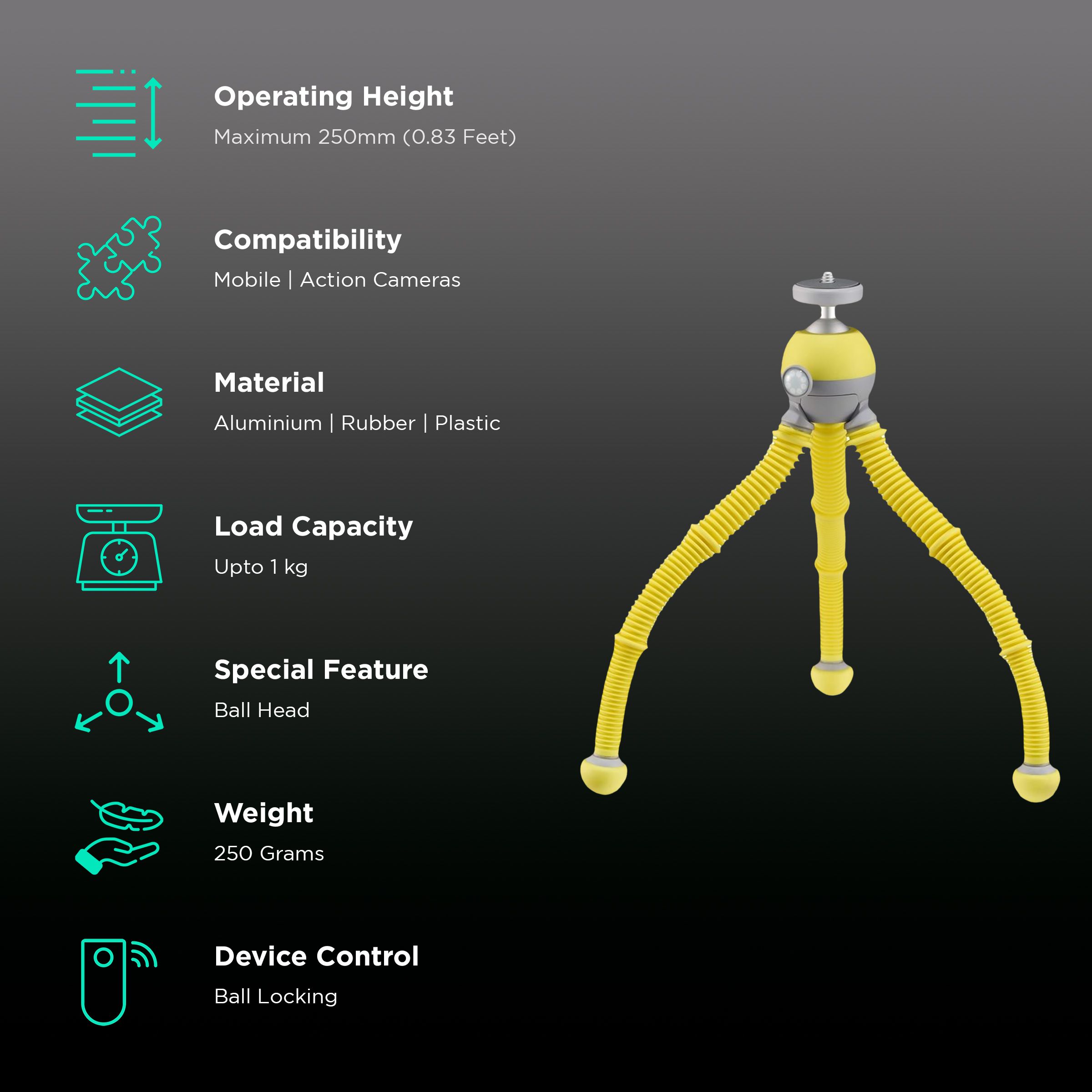 JOBY PodZilla 25cm Adjustable Tripod for Mobile and Camera (360 Degree GripTight, Yellow)_2