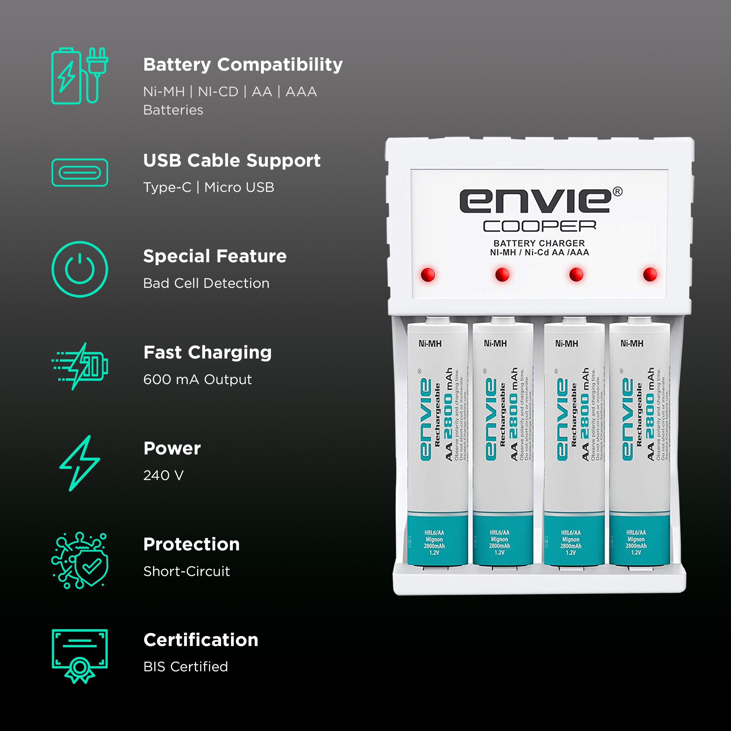 envie Cooper ECR-20 MC Camera Battery Charger Combo for AA2100 (4-Ports, Short Circuit Protection) envie Cooper ECR-20 MC Camera Battery Charger Combo for AA2100 (4-Ports, Short Circuit Protection)_2
