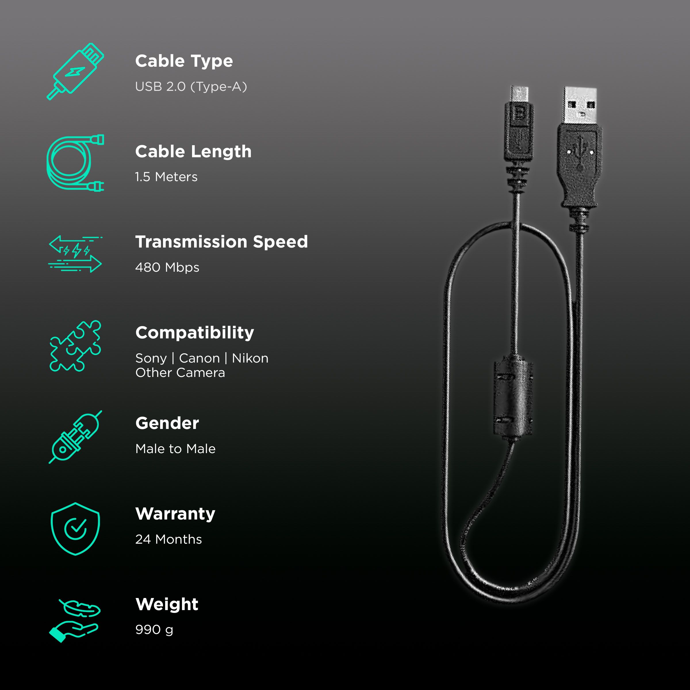 HIFFIN Nikon USB 2.0 A to Mini 5 pin B Cable For External Hdds/Camera/Card Readers(1.5 Mtr, Black)_2