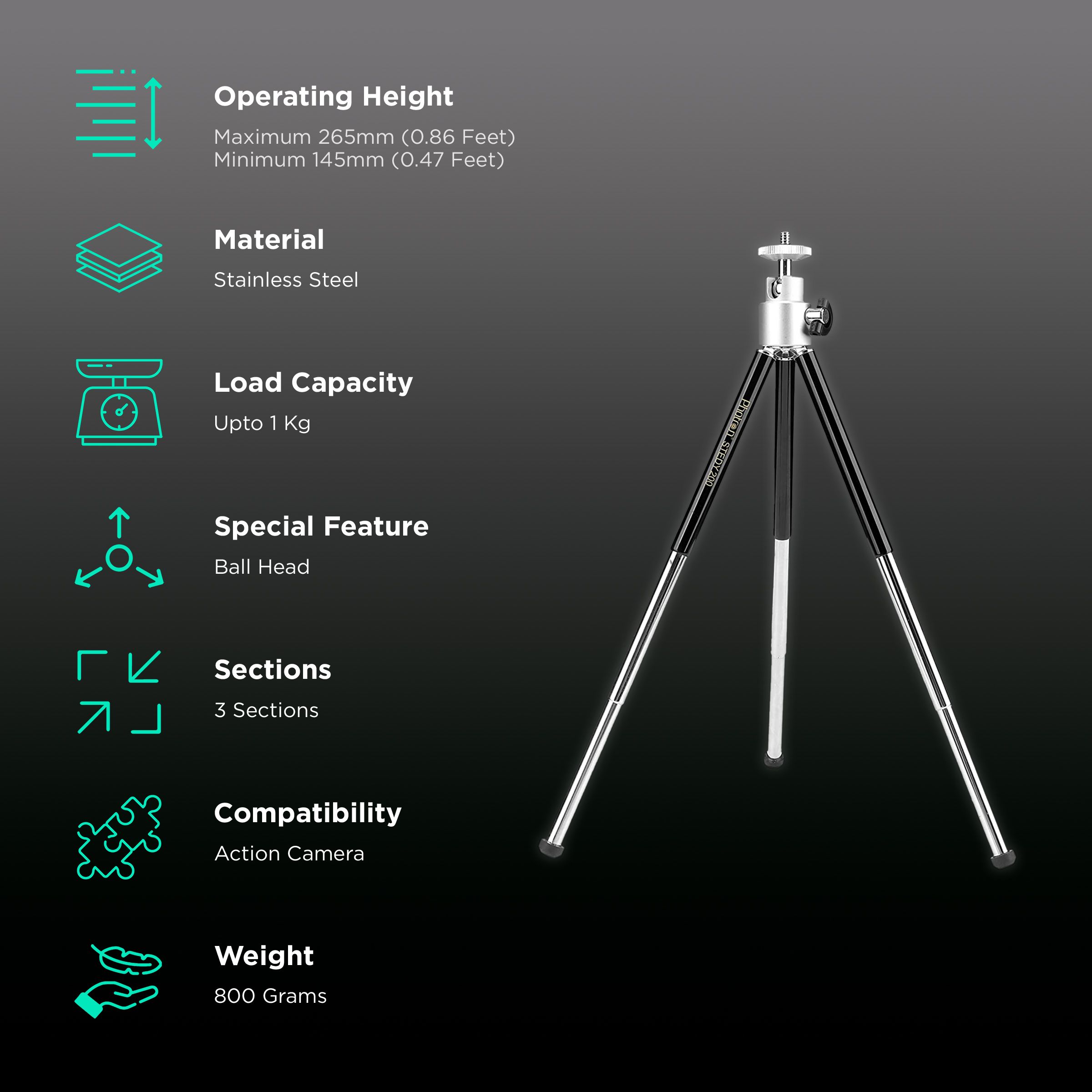 Photron Stedy 200 26.5cm Adjustable Mini Tripod for Mobile and Camera (360 Degree Rotatable, Black) Photron Stedy 200 26.5cm Adjustable Mini Tripod for Mobile and Camera (360 Degree Rotatable, Black)_2