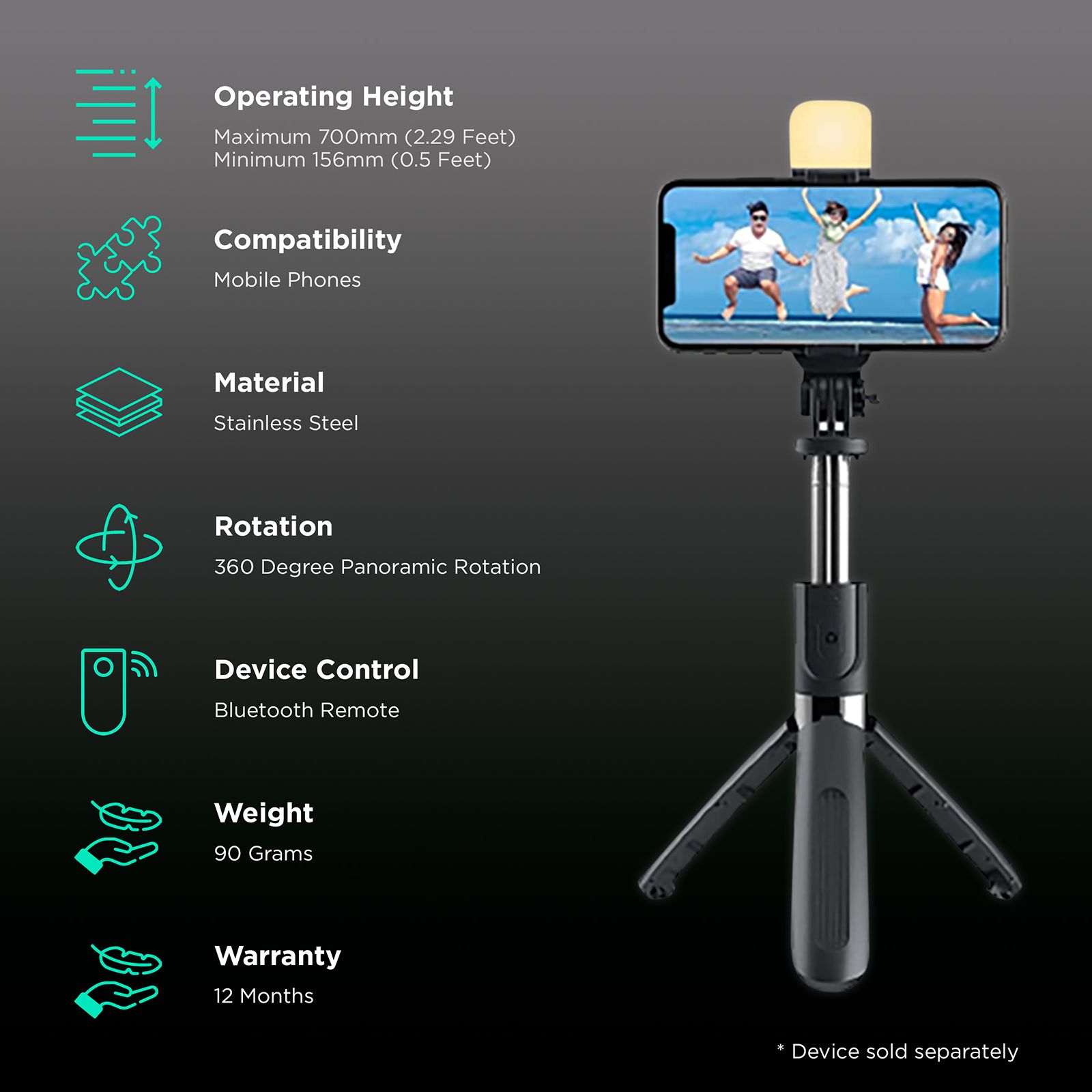 Capture Magiic 24 70cm Adjustable Bluetooth Selfie Stick for Mobile with Remote (360 Degree Rotatable, Black)_3