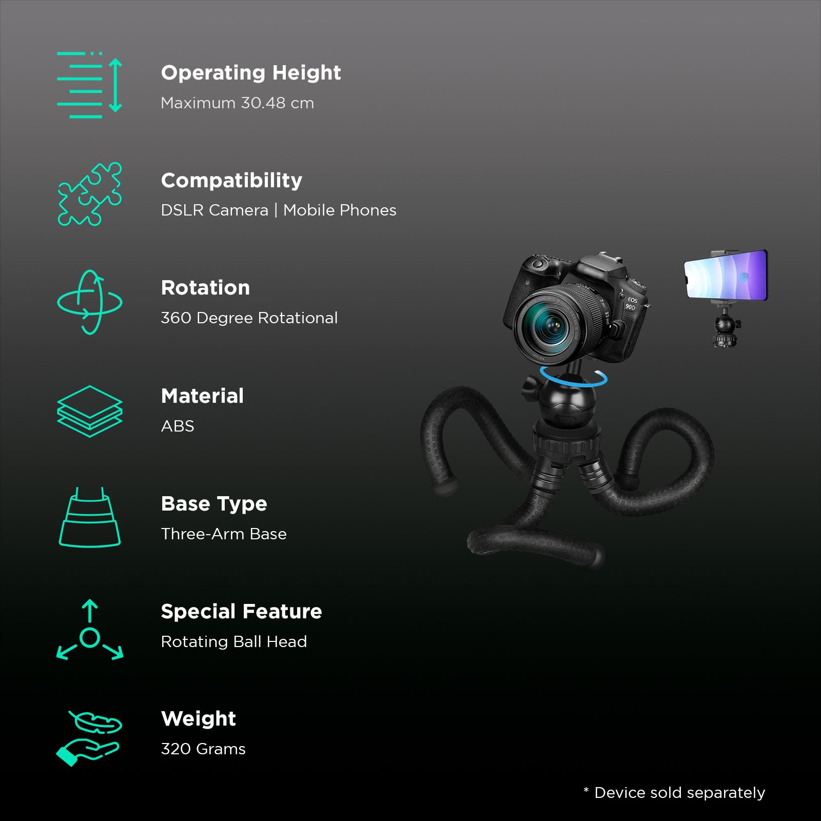 HIFFIN Gorillapod 30.48cm Adjustable Tripod for Mobile and Camera (360 Degree Rotating Ball Head, Black) HIFFIN Gorillapod 30.48cm Adjustable Tripod for Mobile and Camera (360 Degree Rotating Ball Head, Black)_2