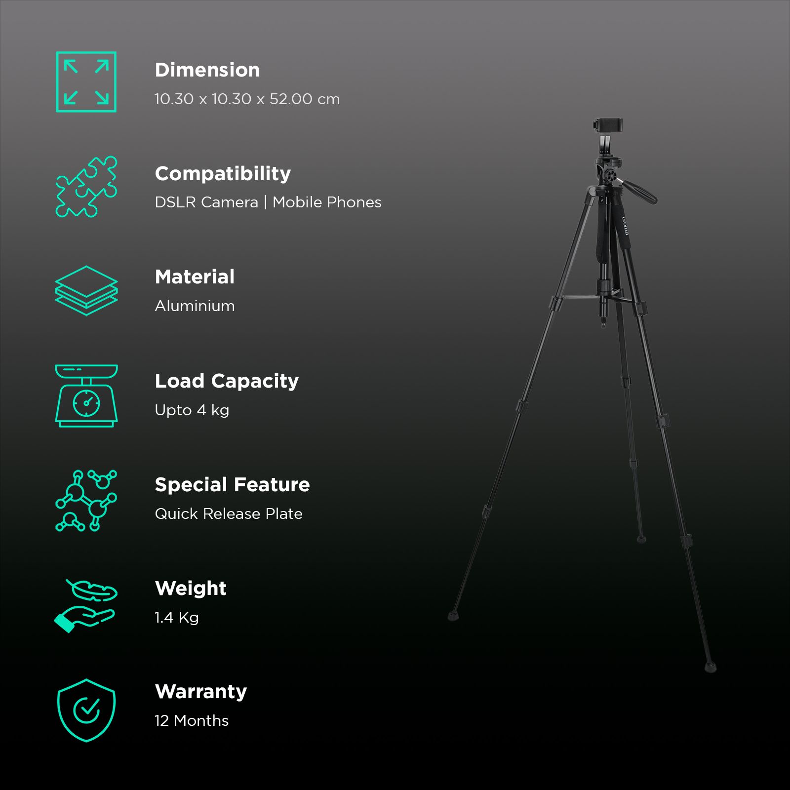 Croma 163cm Adjustable Tripod for Mobile and Camera (4 Section Height Adjustment, Black)_2