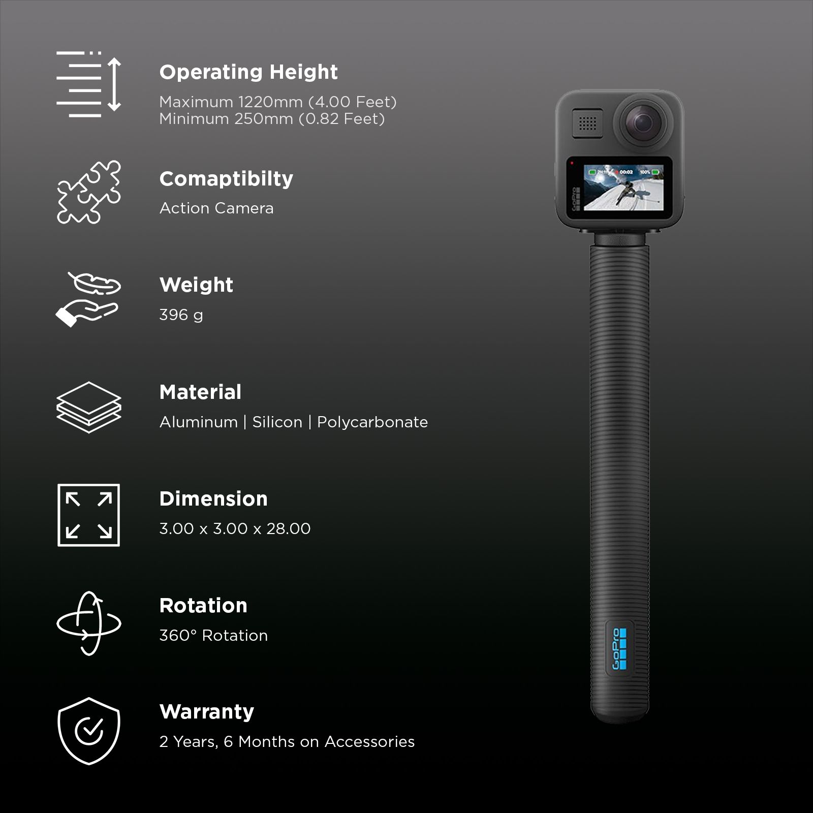 GoPro 4 Feet Extension Pole Finger Mount Adapter for Camera (Invisible 360 Grip, Black) GoPro 4 Feet Extension Pole Finger Mount Adapter for Camera (Invisible 360 Grip, Black)_2