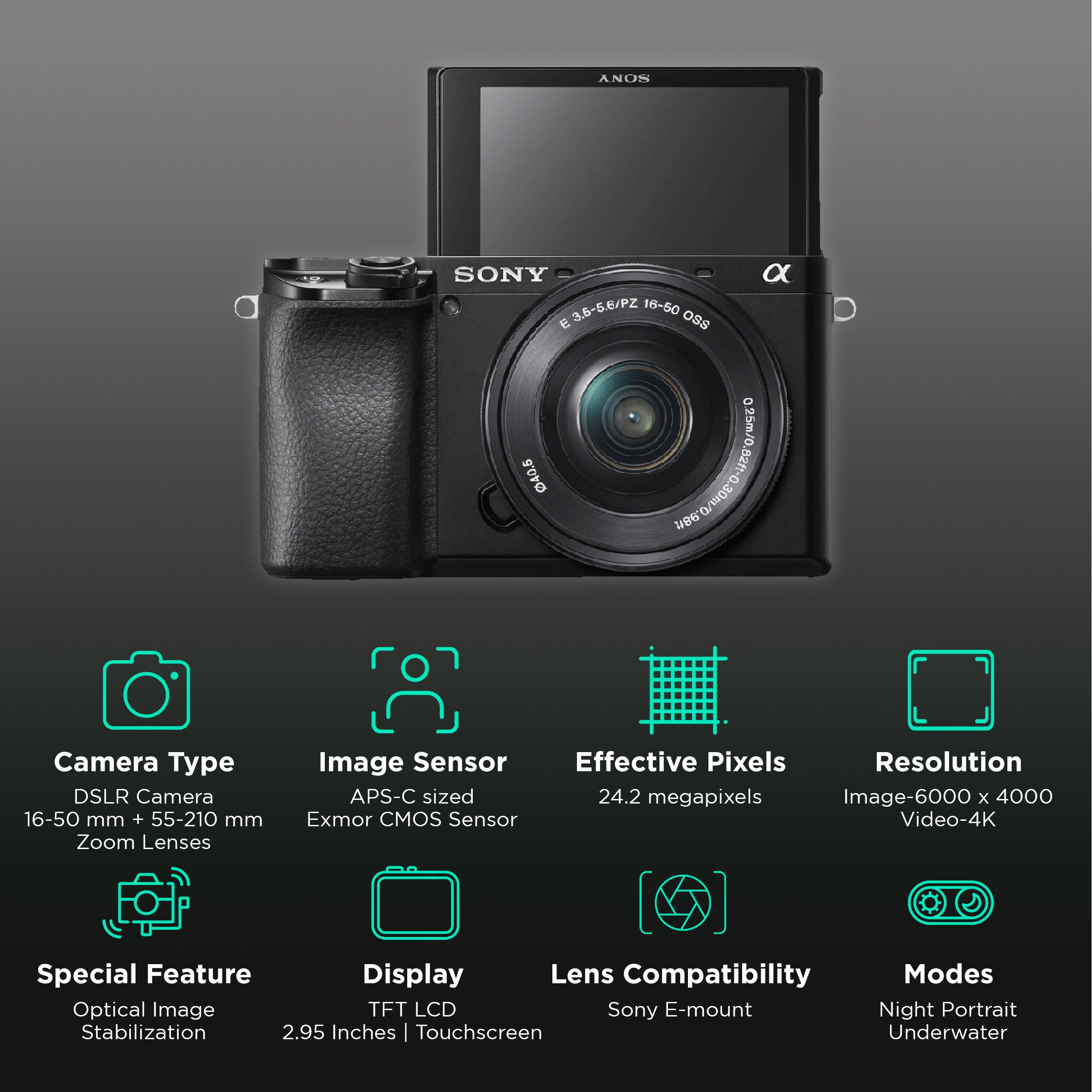 SONY Alpha 6100 24.2MP Mirrorless Camera (16-50 mm and 55-210 mm Lens, 23.5 x 15.6 mm Sensor, Tiltable LCD Screen) SONY Alpha 6100 24.2MP Mirrorless Camera (16-50 mm and 55-210 mm Lens, 23.5 x 15.6 mm Sensor, Tiltable LCD Screen)_2