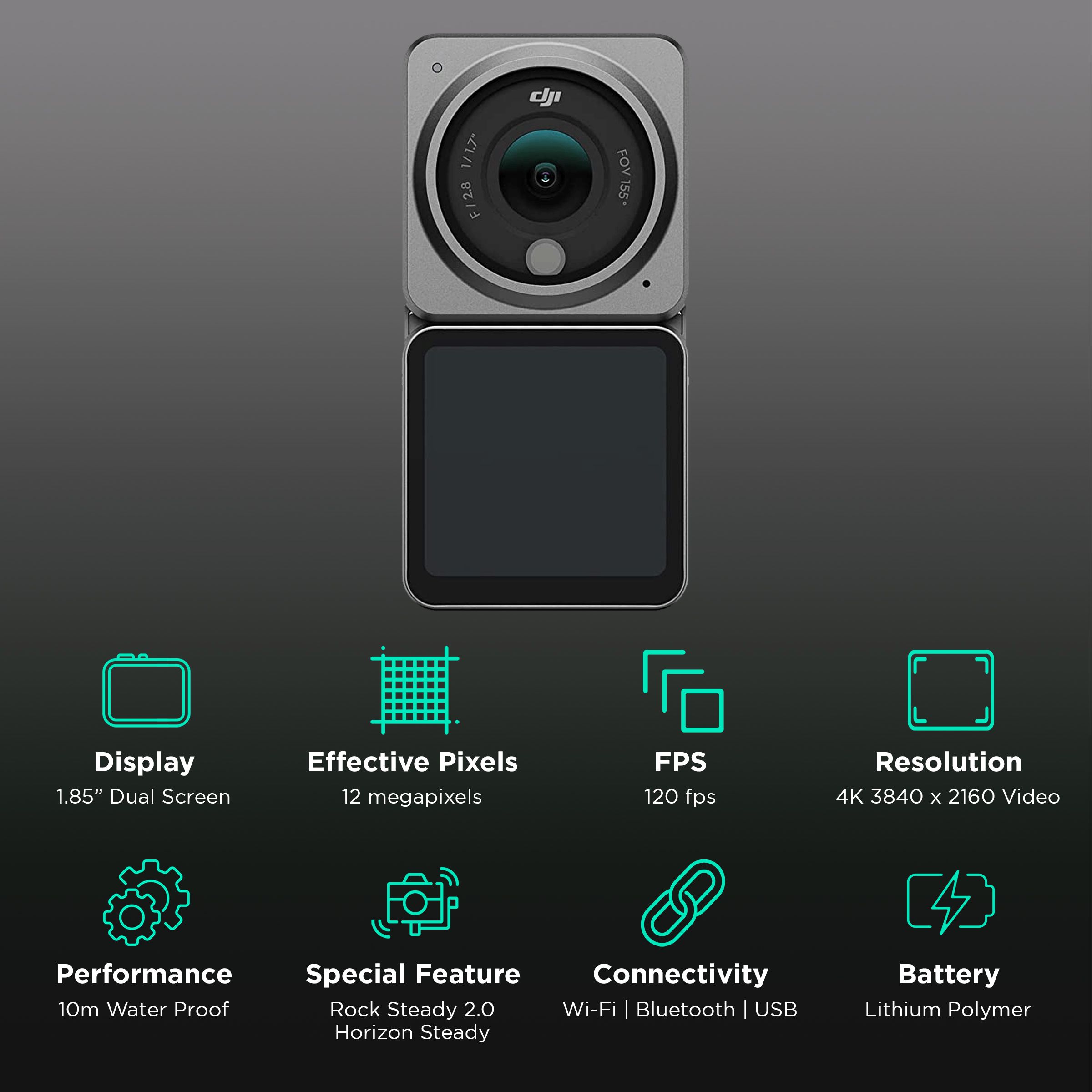 DJI Action 2 Dual Screen Combo 4K and 12MP 120 FPS Waterproof Action Camera with 4-mic Matrix Stereo (Black)_2