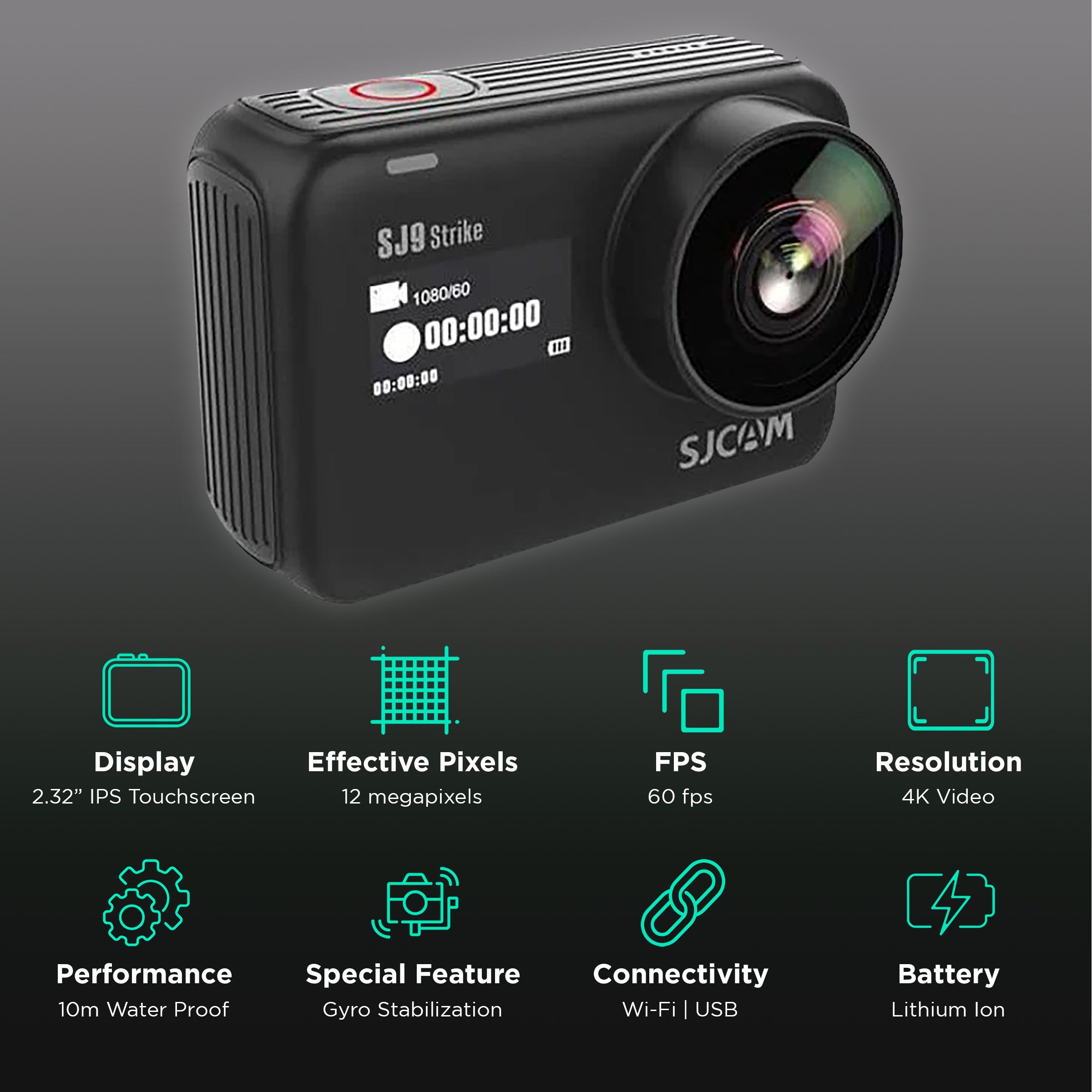 SJCAM SJ9 Strike 4K and 12MP 60 FPS Waterproof Action Camera with Gyro Stabilization (Black) SJCAM SJ9 Strike 4K and 12MP 60 FPS Waterproof Action Camera with Gyro Stabilization (Black)_2