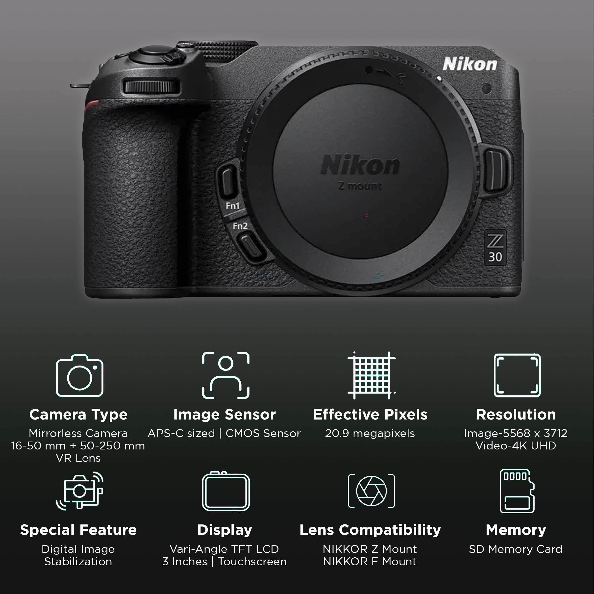 Nikon Z 30 20.9MP Mirrorless Camera (16-50 mm and 55-210 mm Lens, 23.5 x 15.7 mm Sensor, Tiltable Screen) Nikon Z 30 20.9MP Mirrorless Camera (16-50 mm and 55-210 mm Lens, 23.5 x 15.7 mm Sensor, Tiltable Screen)_2