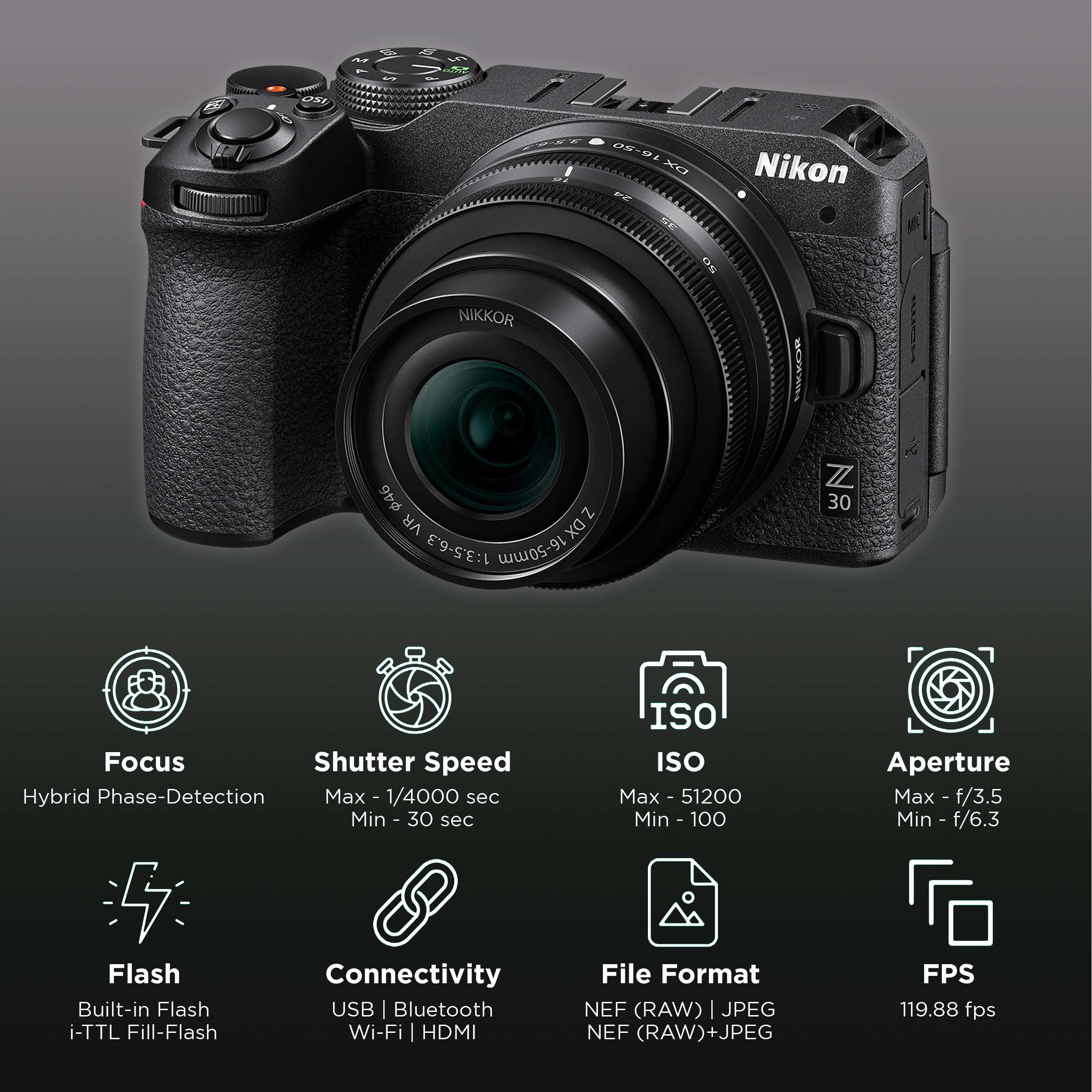 Nikon Z 30 20.9MP Mirrorless Camera (16-50 mm and 55-210 mm Lens, 23.5 x 15.7 mm Sensor, Tiltable Screen) Nikon Z 30 20.9MP Mirrorless Camera (16-50 mm and 55-210 mm Lens, 23.5 x 15.7 mm Sensor, Tiltable Screen)_3