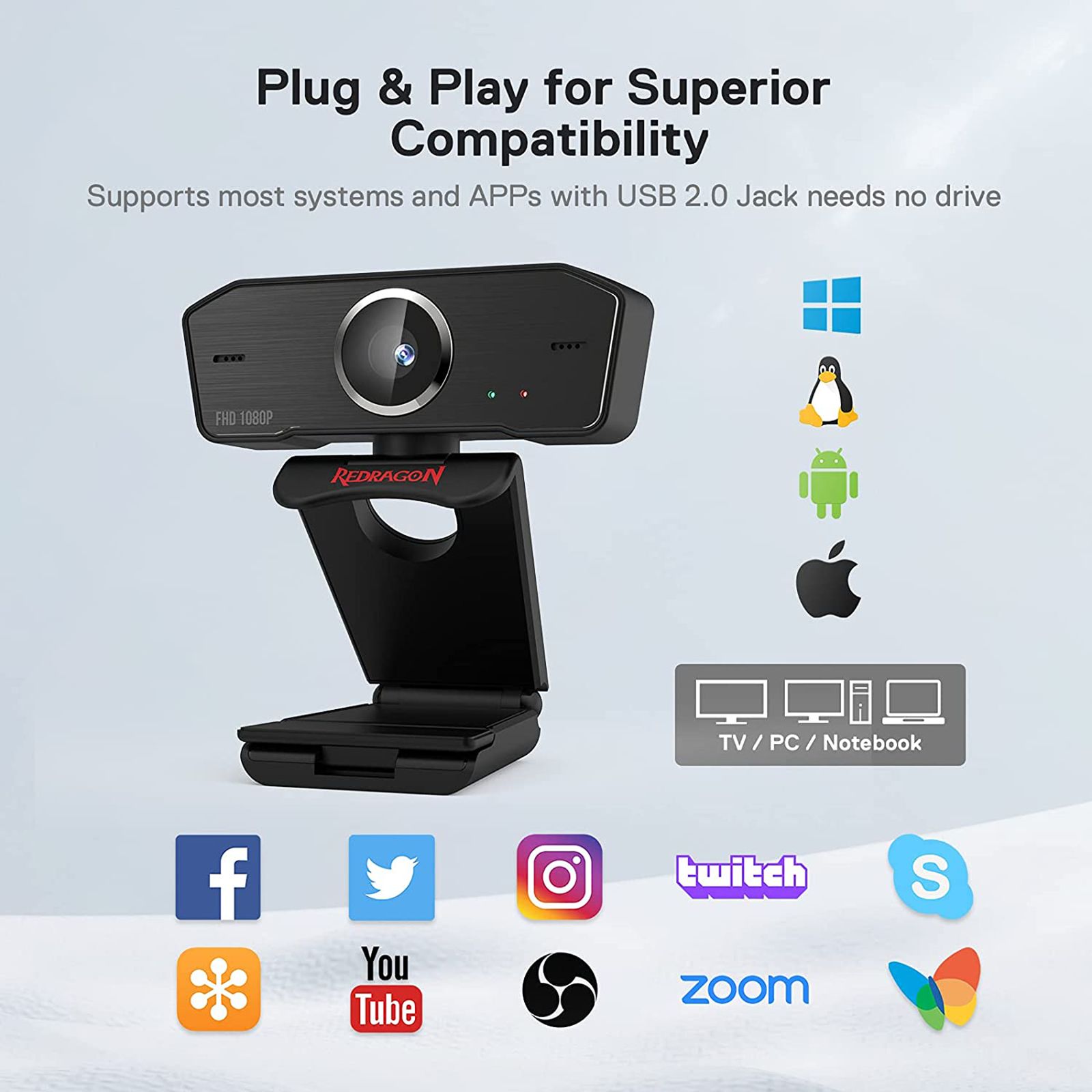 REDRAGON HITMAN 1080P Web Cam (Built-In Dual Microphone, GW800, Black) REDRAGON HITMAN 1080P Web Cam (Built-In Dual Microphone, GW800, Black)_9