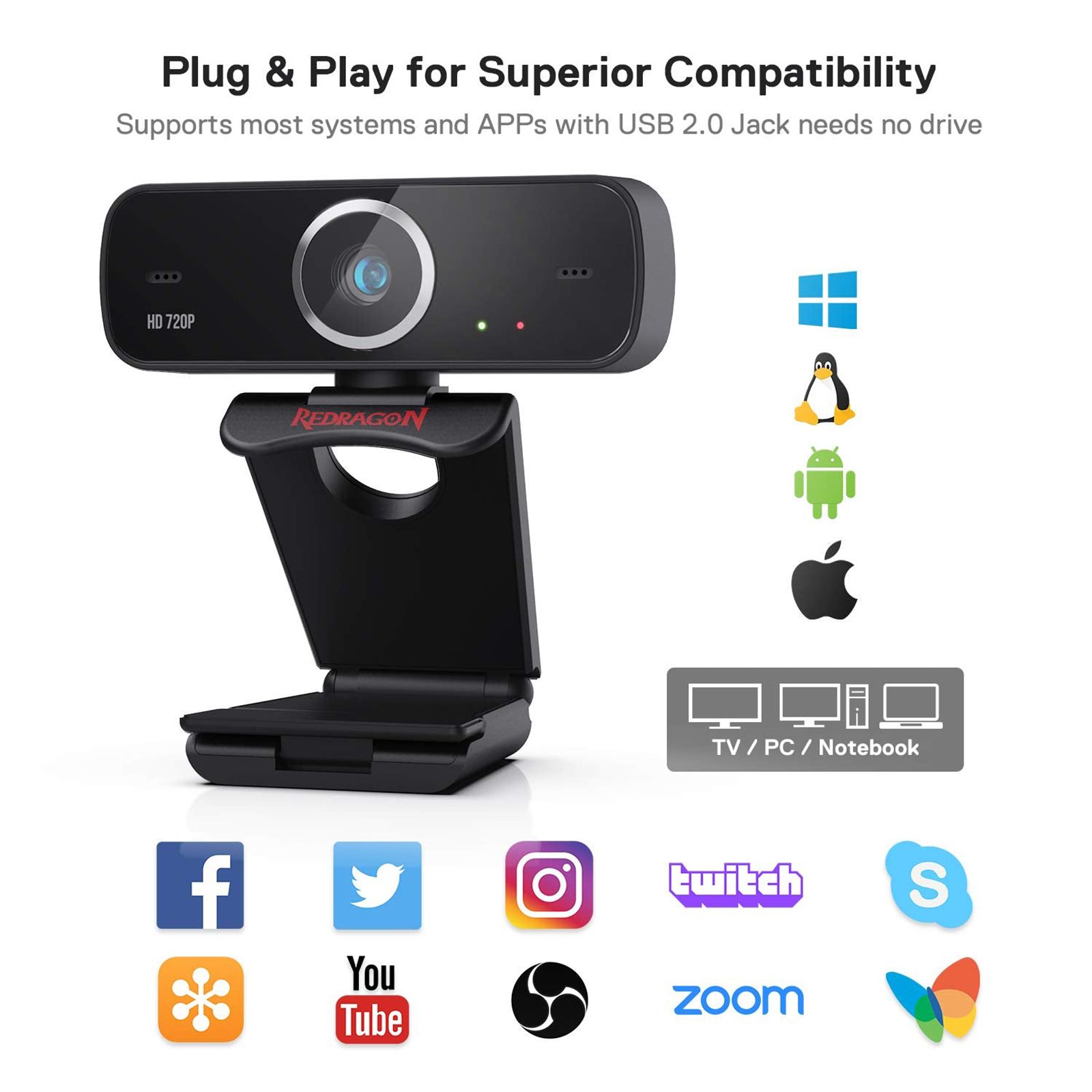 REDRAGON FOBOS 720P Web Cam (Built-In Dual Microphone, GW600, Black) REDRAGON FOBOS 720P Web Cam (Built-In Dual Microphone, GW600, Black)_13