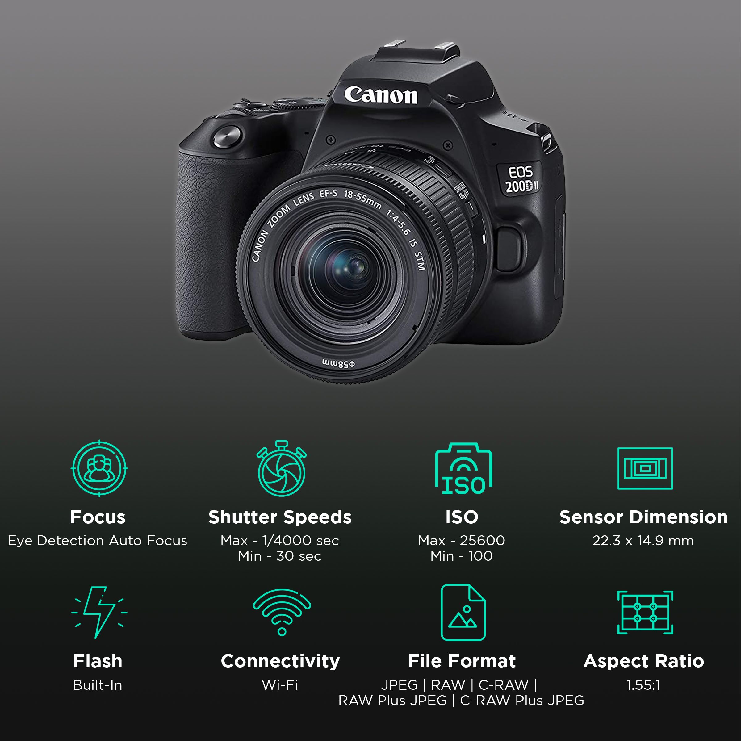 Canon EOS 200D II 24.1 MP DSLR Camera (18 - 55 mm lens, 22.3 x 14.9 mm, Optical Image Stabilization) Canon EOS 200D II 24.1 MP DSLR Camera (18 - 55 mm lens, 22.3 x 14.9 mm, Optical Image Stabilization)_3