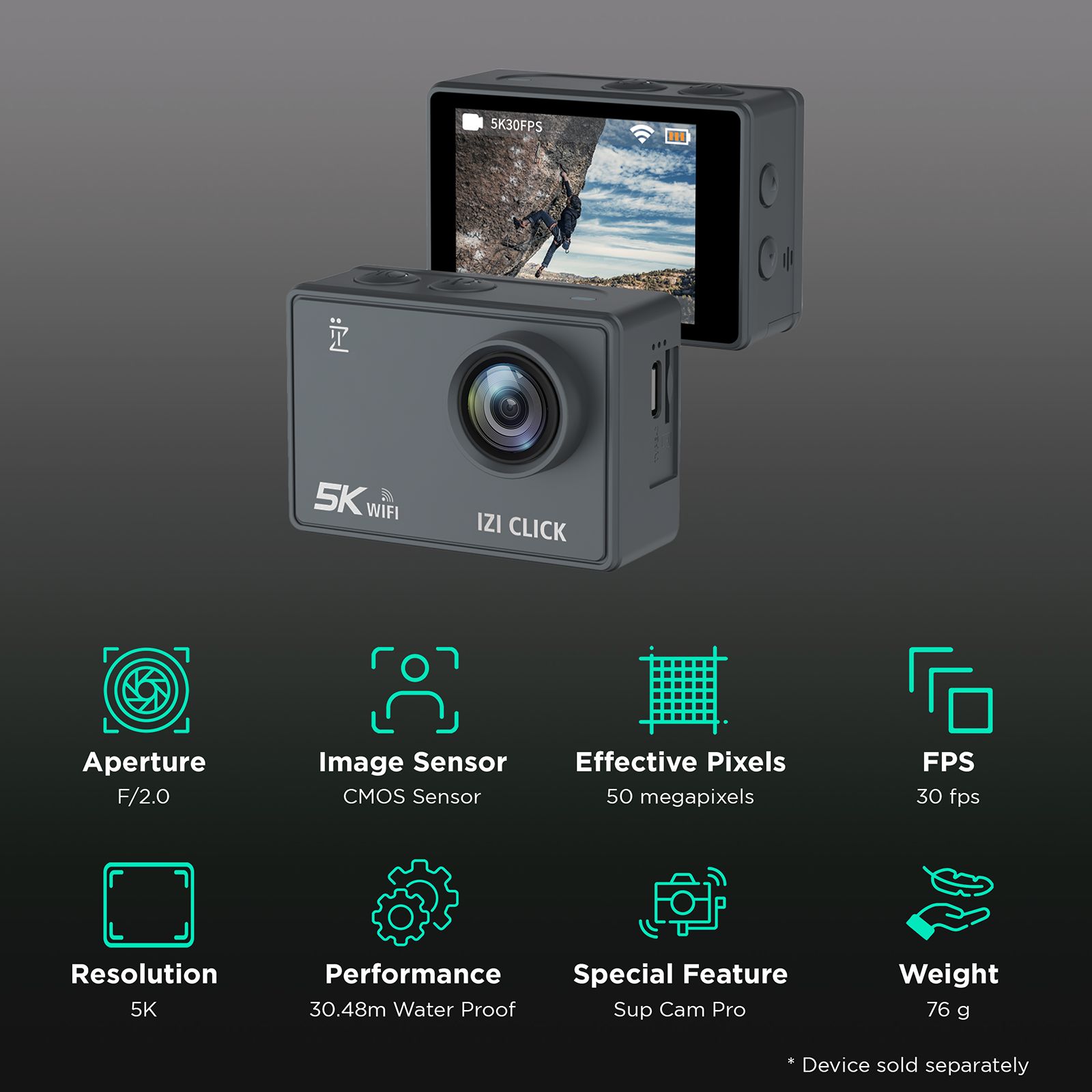 IZI CLICK 5K and 50MP 30 FPS Waterproof Sports Action Camera with EIS Stabilisation (Grey)_2