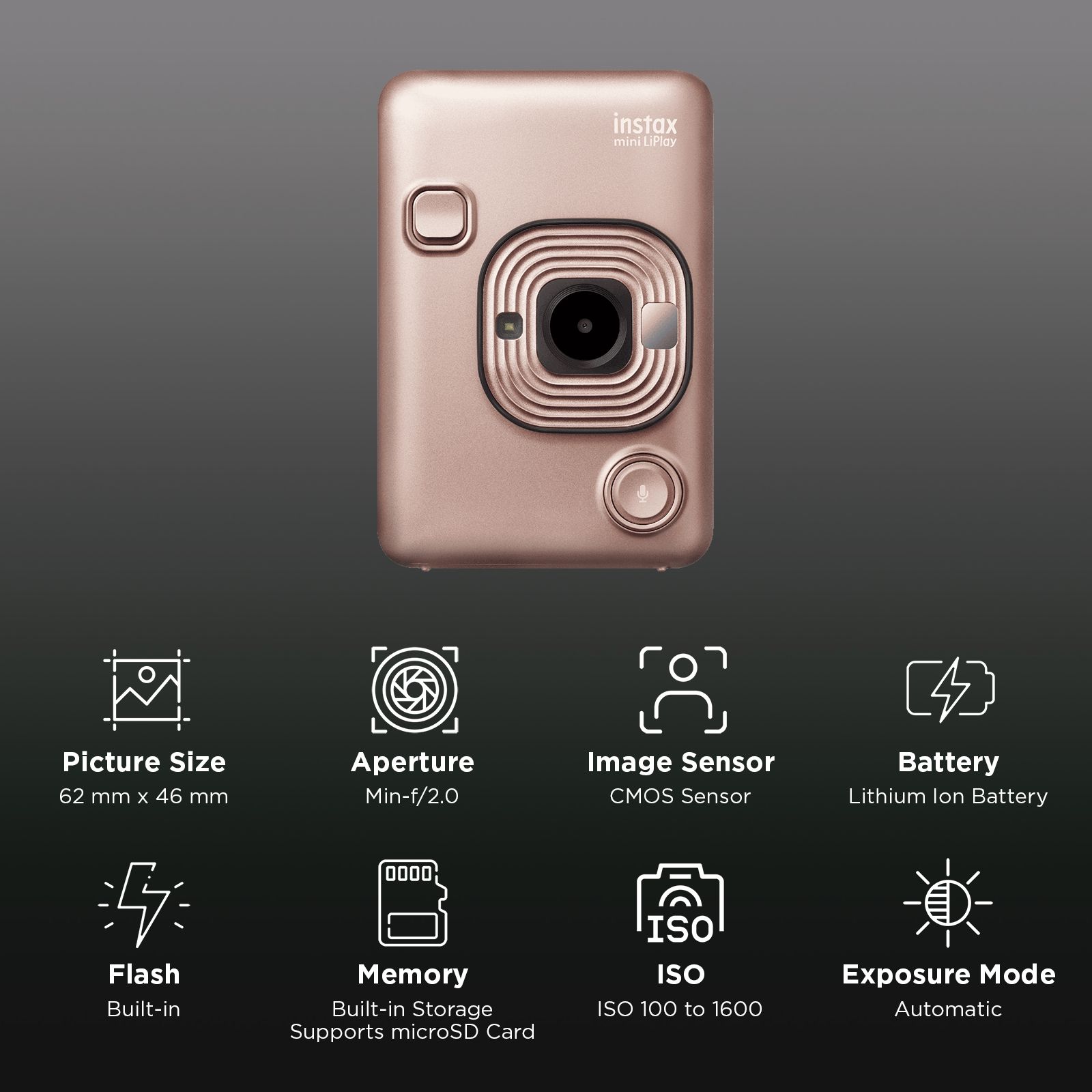 FUJIFILM Instax Mini LiPlay Instant Camera with 10 Instant Films (Blush Gold)_2