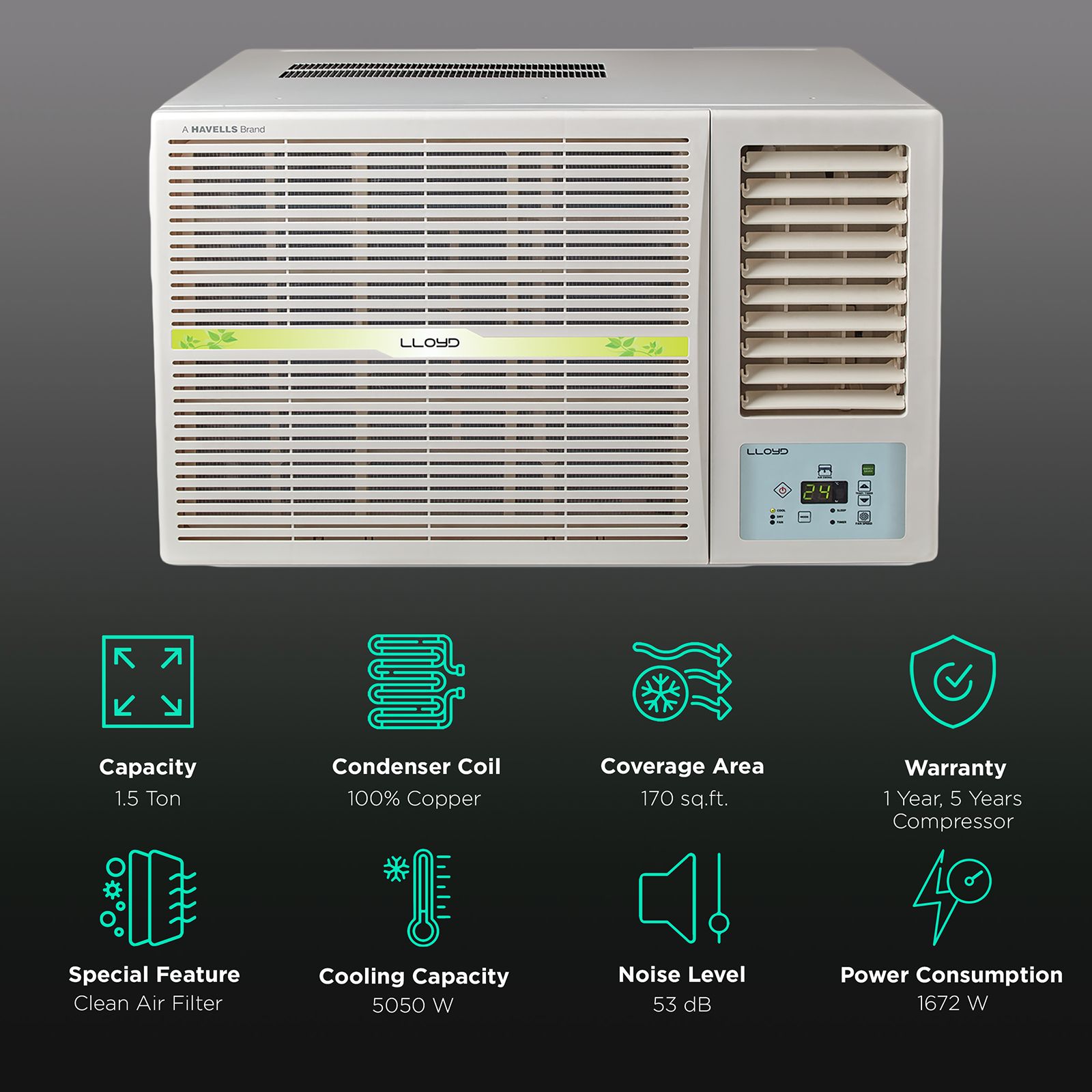 LLOYD 1.5 Ton 5 Star Inverter Window AC (Copper Condenser, Clean Air Filter, LW19I52MZ) LLOYD 1.5 Ton 5 Star Inverter Window AC (Copper Condenser, Clean Air Filter, LW19I52MZ)_2