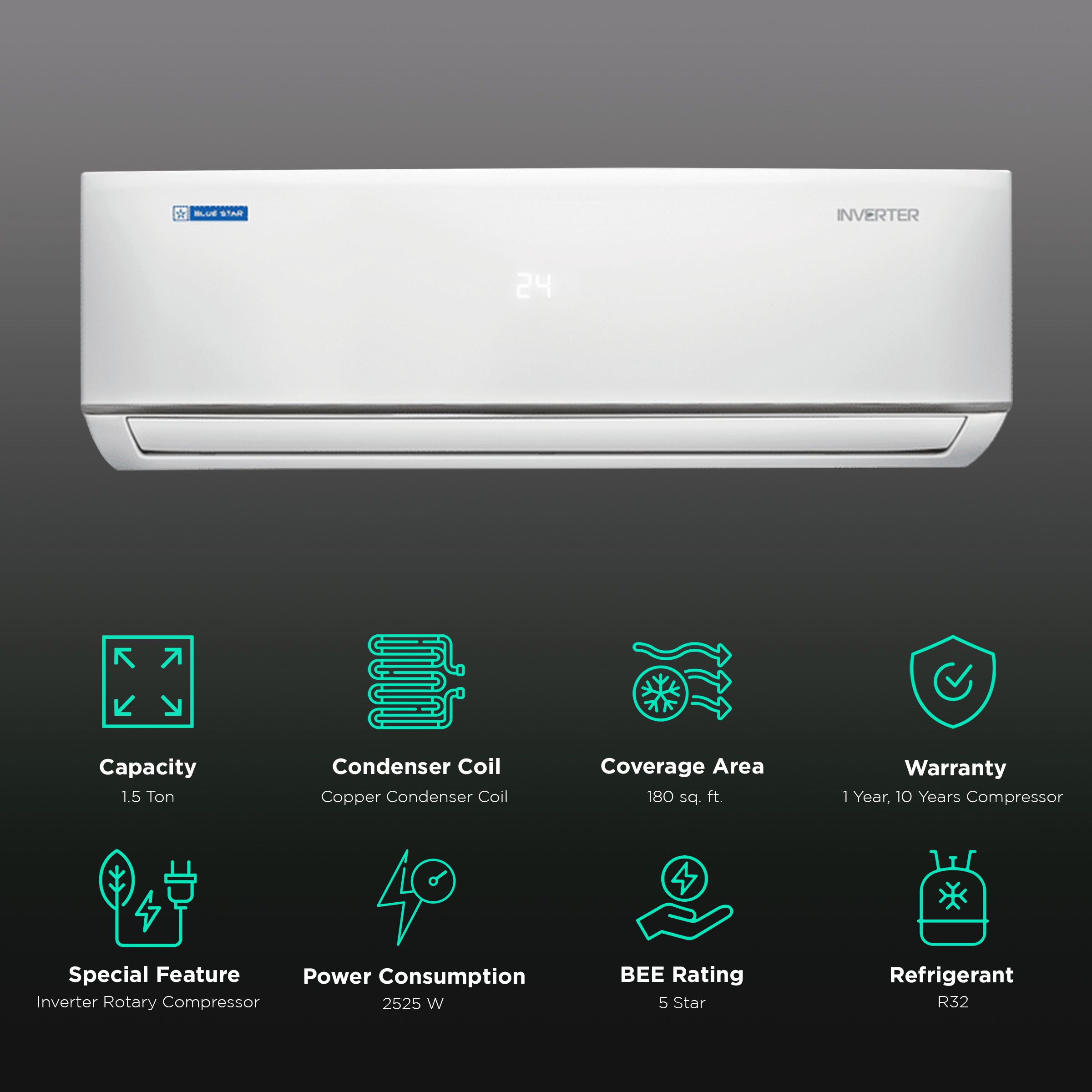 Blue Star 1.5 Ton 5 Star Inverter Split AC (Copper Condenser, Nylon Filter, IC518DLTU) Blue Star 1.5 Ton 5 Star Inverter Split AC (Copper Condenser, Nylon Filter, IC518DLTU)_2