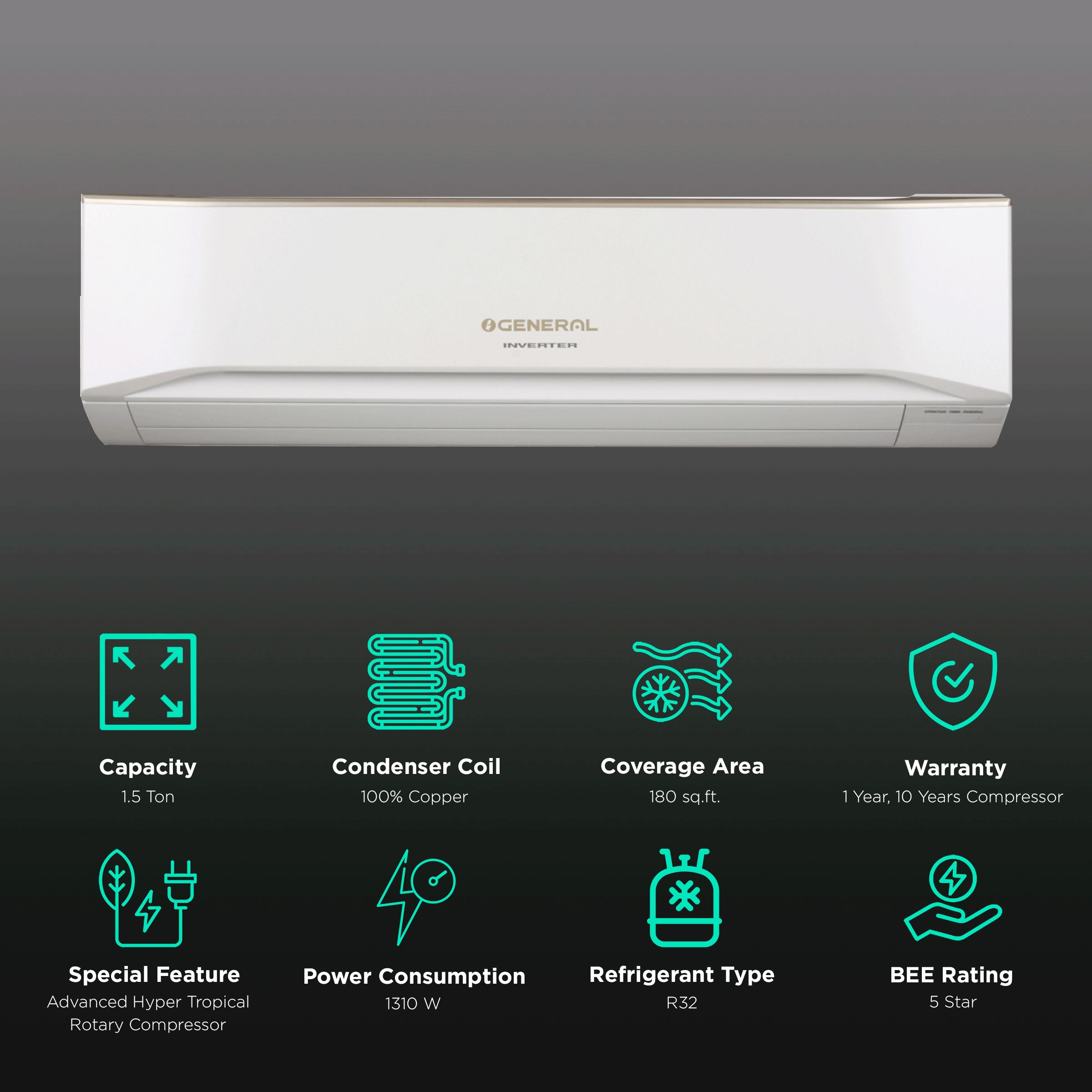 O GENERAL CET Series 1.5 Ton 5 Star Inverter Split AC (Copper Condenser, PM 2.5 Filter, ASGG18CETAB) O GENERAL CET Series 1.5 Ton 5 Star Inverter Split AC (Copper Condenser, PM 2.5 Filter, ASGG18CETAB)_2