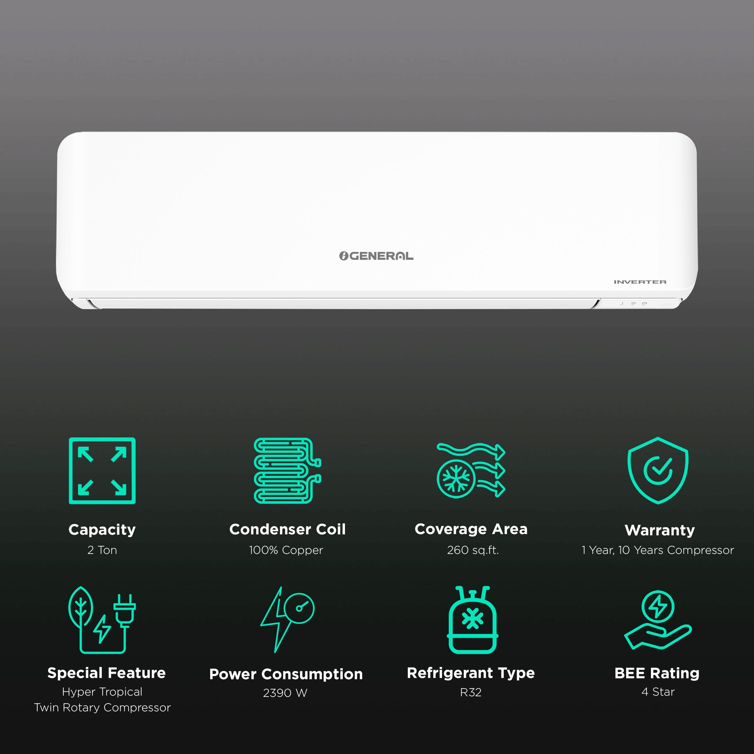 O GENERAL CPT Series 2 Ton 4 Star Inverter Split AC (Copper Condenser, PM 2.5 Filter, ASGG24CPTB-B)_2