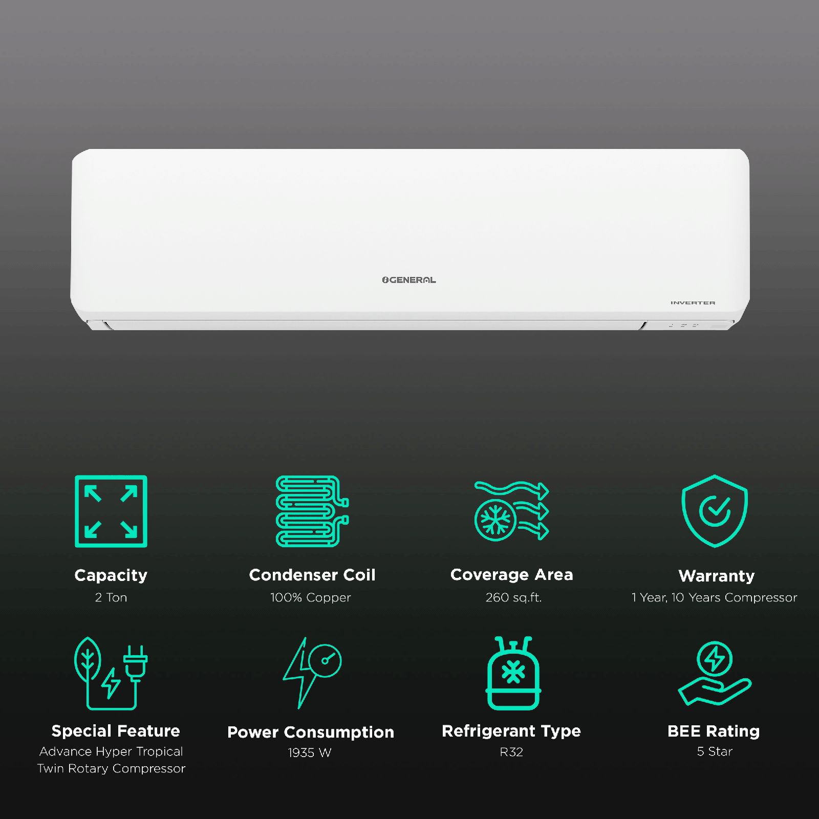 O GENERAL CGT Series 2 Ton 5 Star Inverter Split AC (Copper Condenser, PM 2.5 Filter, ASGG24CGTB-B)_2