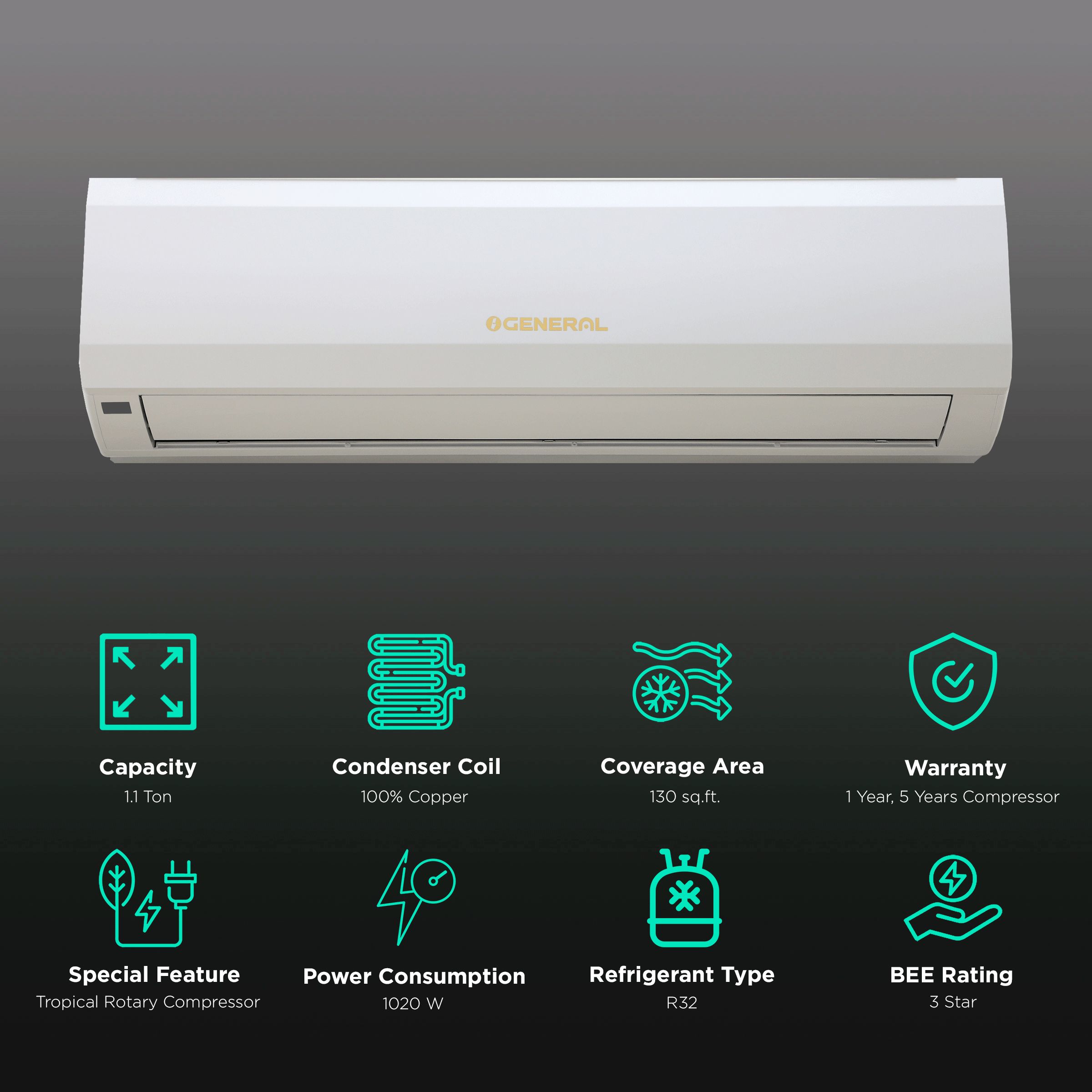 O GENERAL BMW Series 1.1 Ton 3 Star Fixed Speed Split AC (Copper Condenser, Mildew Resistant Filter, ASGA12BMWB-B)_2