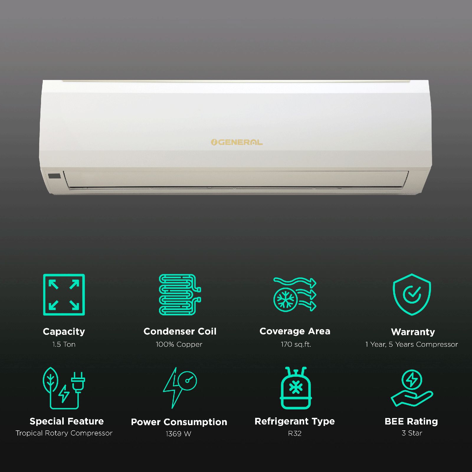 O GENERAL BMW Series 1.5 Ton 3 Star Fixed Speed Split AC (Copper Condenser, Mildew Resistant Filter, ASGA18BMWA-B) O GENERAL BMW Series 1.5 Ton 3 Star Fixed Speed Split AC (Copper Condenser, Mildew Resistant Filter, ASGA18BMWA-B)_2