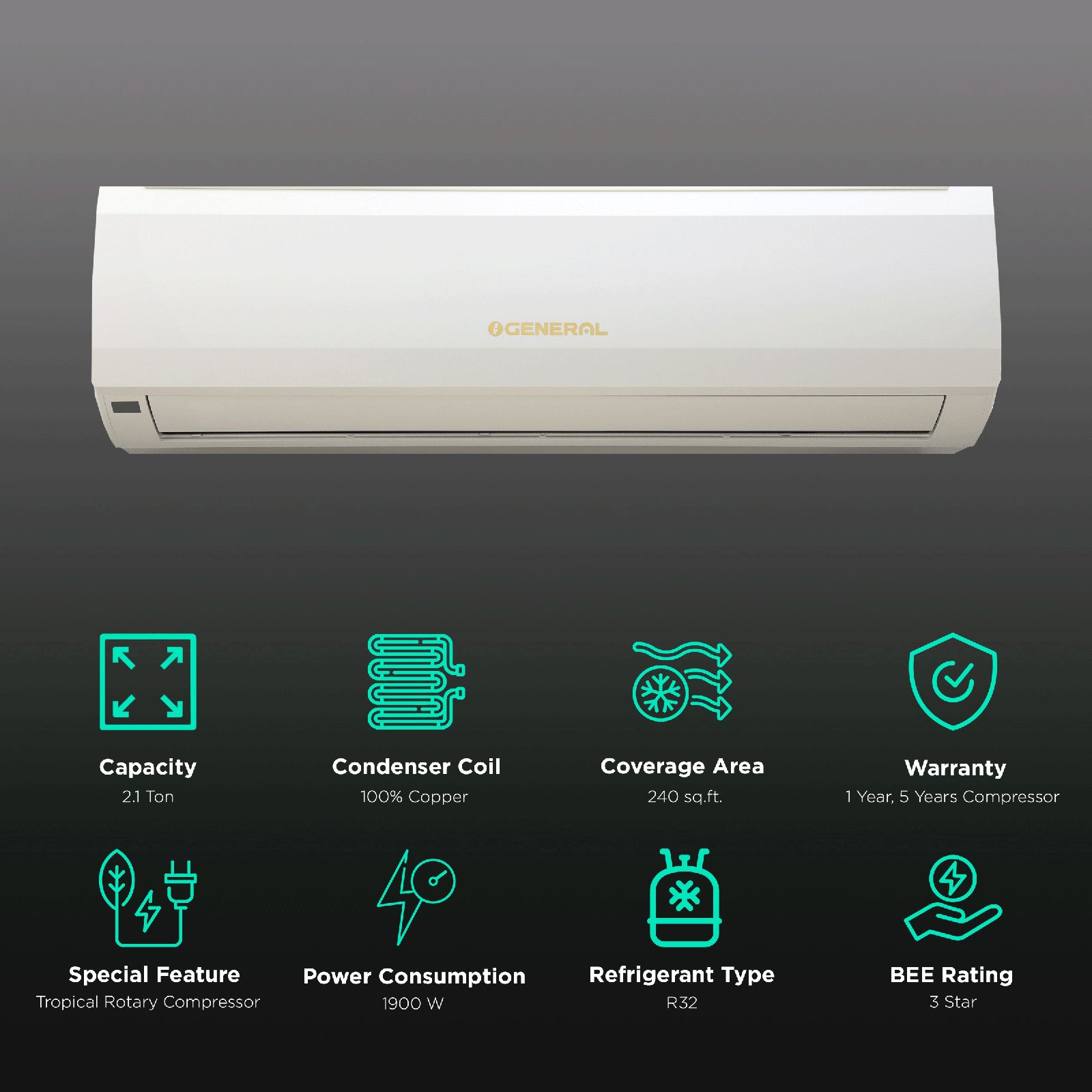 O GENERAL BMW Series 2.1 Ton 3 Star Fixed Speed Split AC (Copper Condenser, Mildew Resistant Filter, ASGA24BMWA-B) O GENERAL BMW Series 2.1 Ton 3 Star Fixed Speed Split AC (Copper Condenser, Mildew Resistant Filter, ASGA24BMWA-B)_2